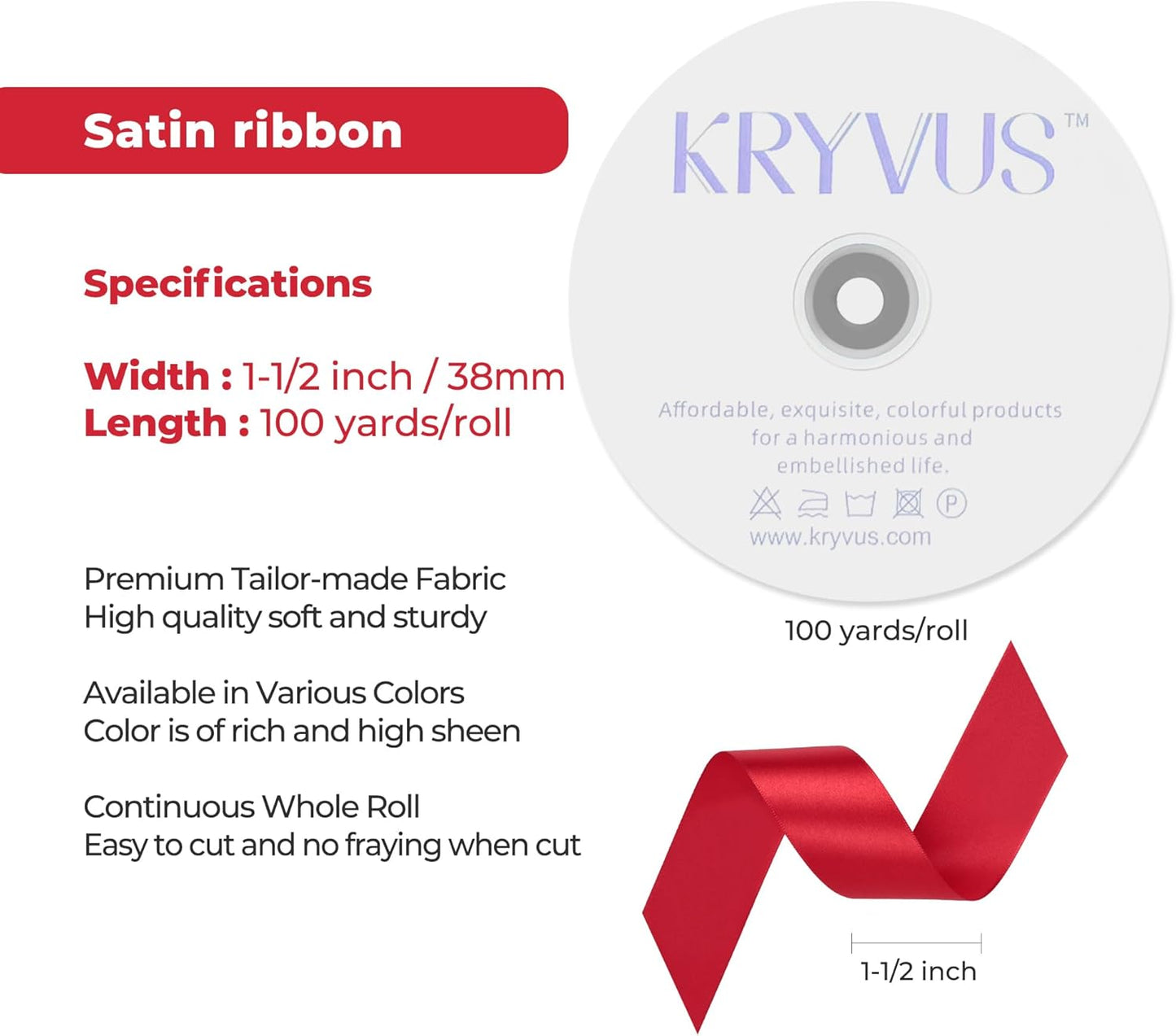 Red Satin Ribbon 1-1/2 inch X Continuous 100 Yards, Single Face Polyester Ribbon Perfect for Gift Wrapping, Flower Bouquet, Wedding Decor, Crafts, Bow Making, Sewing and More