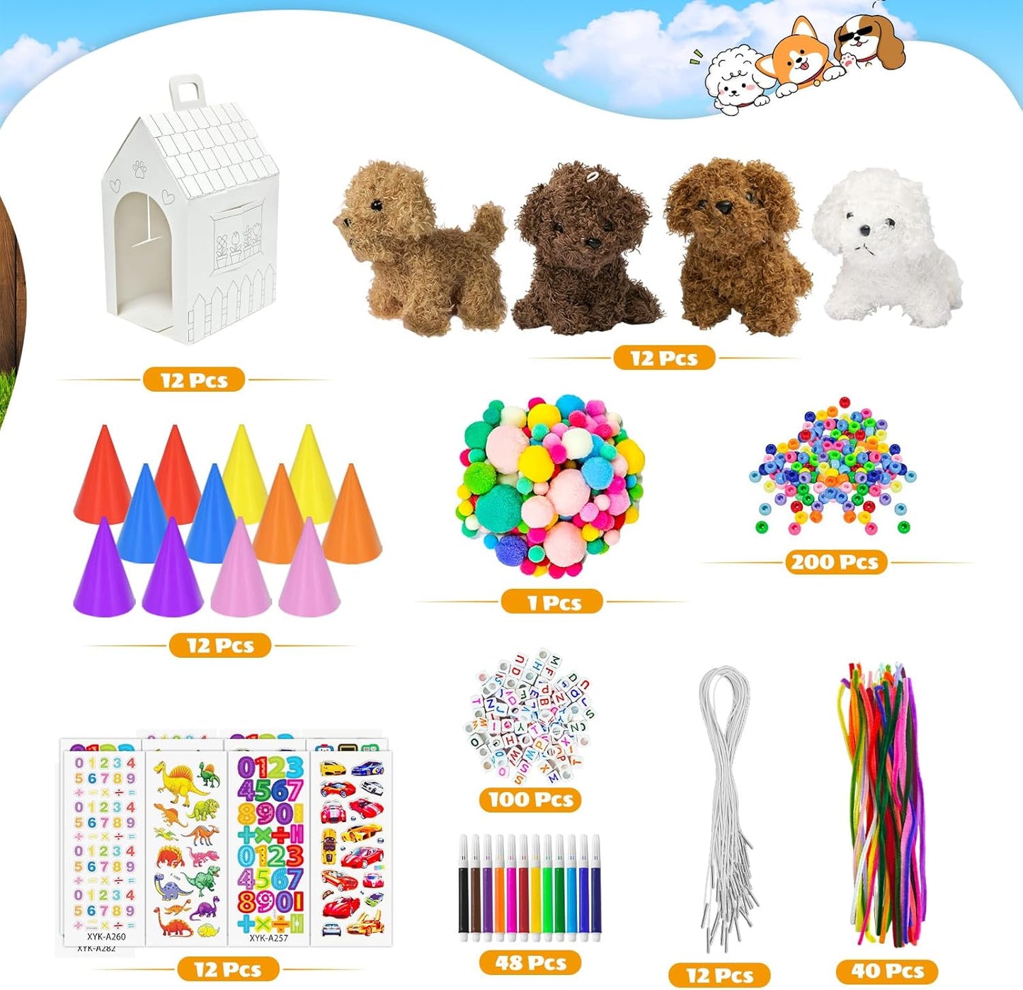 Cinrobiye 12 Sets Adopt a Puppy Party Favors DIY Dog Party Boxes Set Include 12 DIY Dog Boxes 3.93 Inch Mini Dogs Hats for Birthday Adopt A Pet Party Supplies Crafts