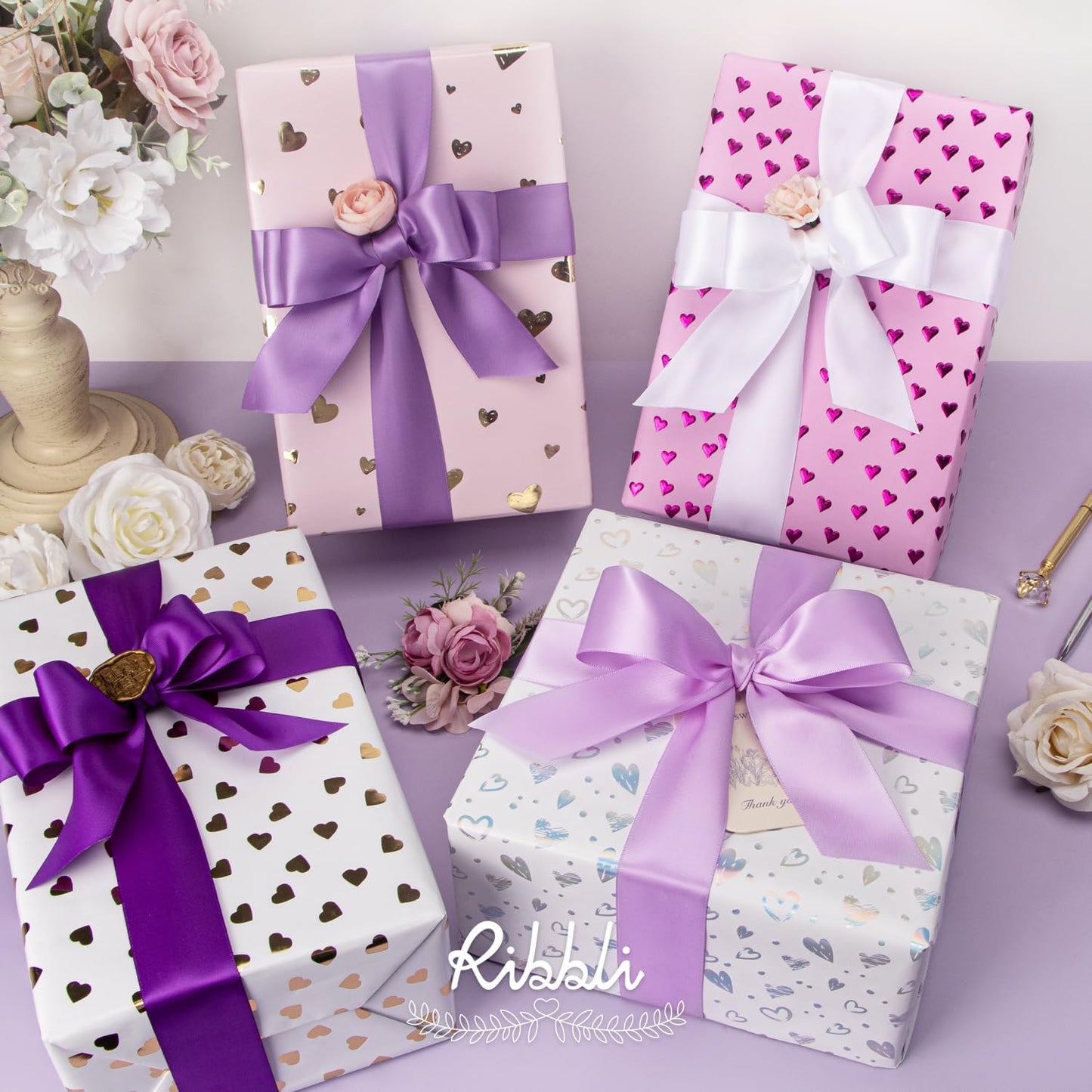 Ribbli Purple Satin Ribbon 1-1/2 Inch x 4 Rolls Total 40 Yards-White Lavender Purple Ribbon for Gift Wrapping Craft Wedding Decoration