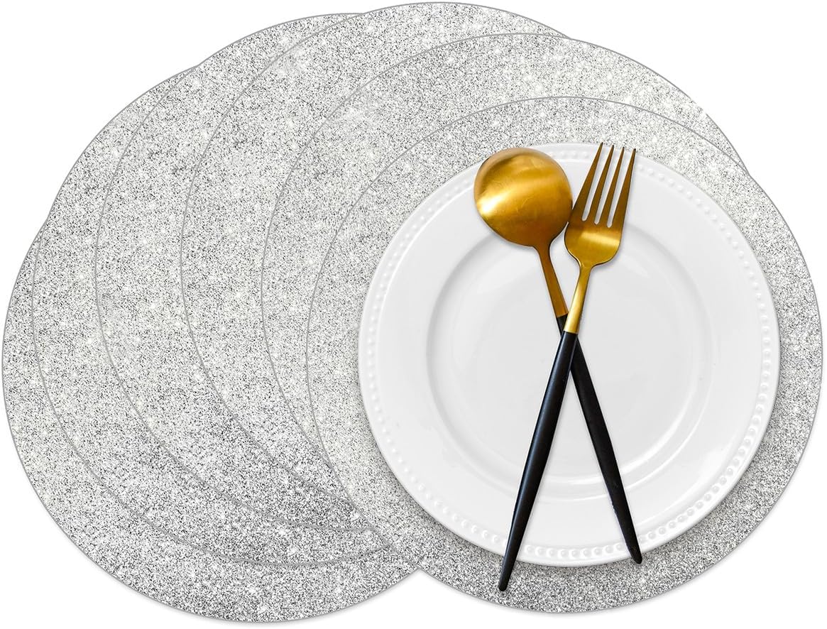 50 Pieces Silver Glitter Paper Place Mats Sparkle Round Disposable Table Mats Silver Sequin Doilies Decorative Placemats for Wedding Banquet Party Home Dining Tableware
