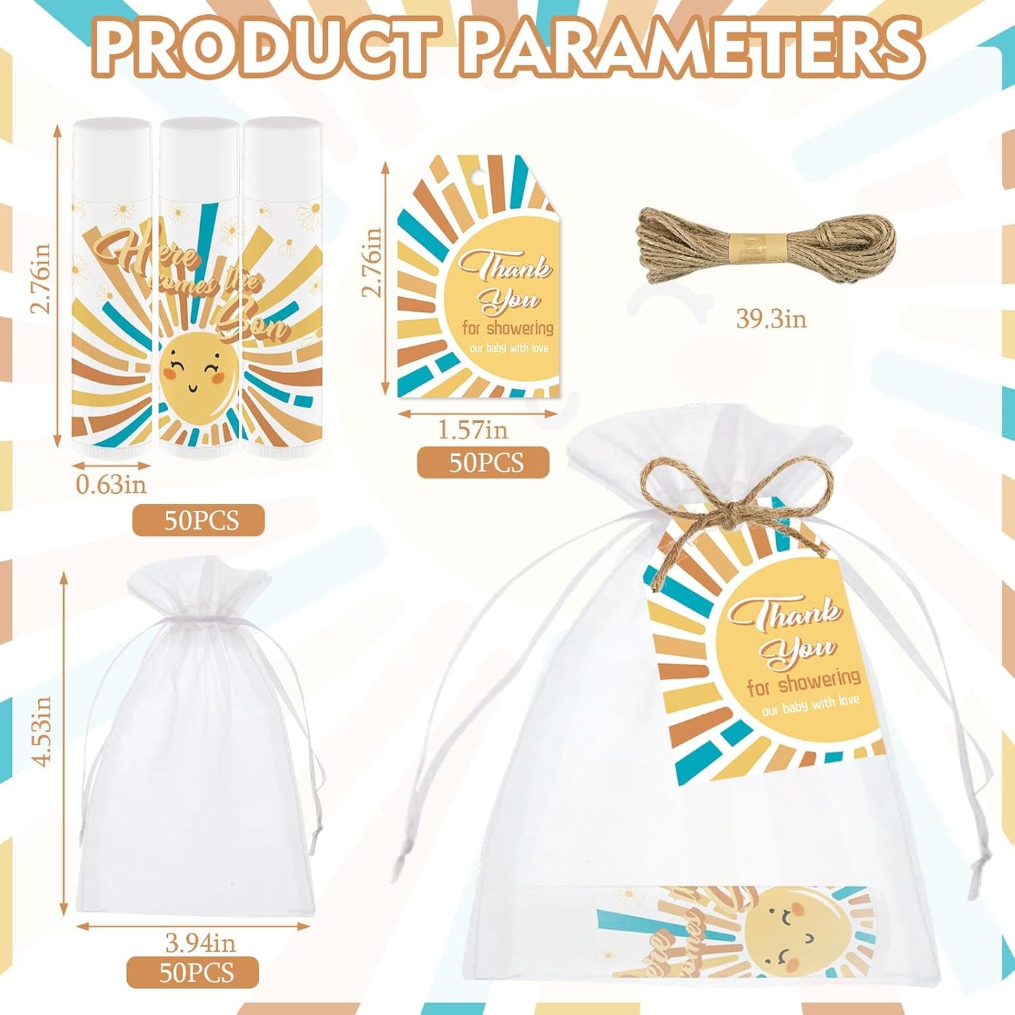 50 PCS Here Comes The Sun Baby Shower Lip Balms Bulk Gift for Guests,Thank You Gifts Sun Birthday Supplies Stuffers,Favors Boys Girls Games Neutral Gender Reveal Thanksgiving Party Favors (Sun)