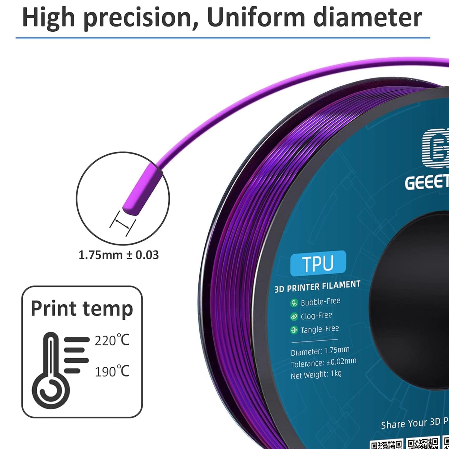 Geeetech TPU Filament 1.75mm, Shore 95A Flexible 3D Printer Filament with High Elasticity, 1KG (2.2lbs) Spool, Dimensional Accuracy ±0.03mm, Fits Most FDM Printers (Clear Purple)