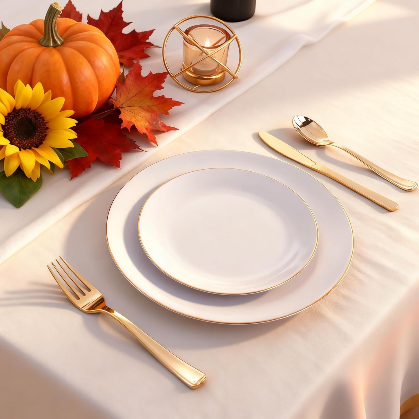 KIRE 60PCS Gold Plastic Plates - Thanksgiving Heavy Duty White Disposable Plates with Gold Rim for Party/Wedding- Include 30Pieces 10.25inch Dinner Plate and 30Pcs 7.5inch Dessert Plate