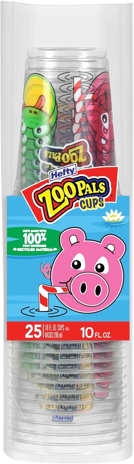 Hefty Zoo Pals Kids Cups, Animal Printed Kids Plastic Cups for Birthday Parties or Everyday Use, Great for Small Hands to Hold, 25 Count, 10 Fl. Oz.
