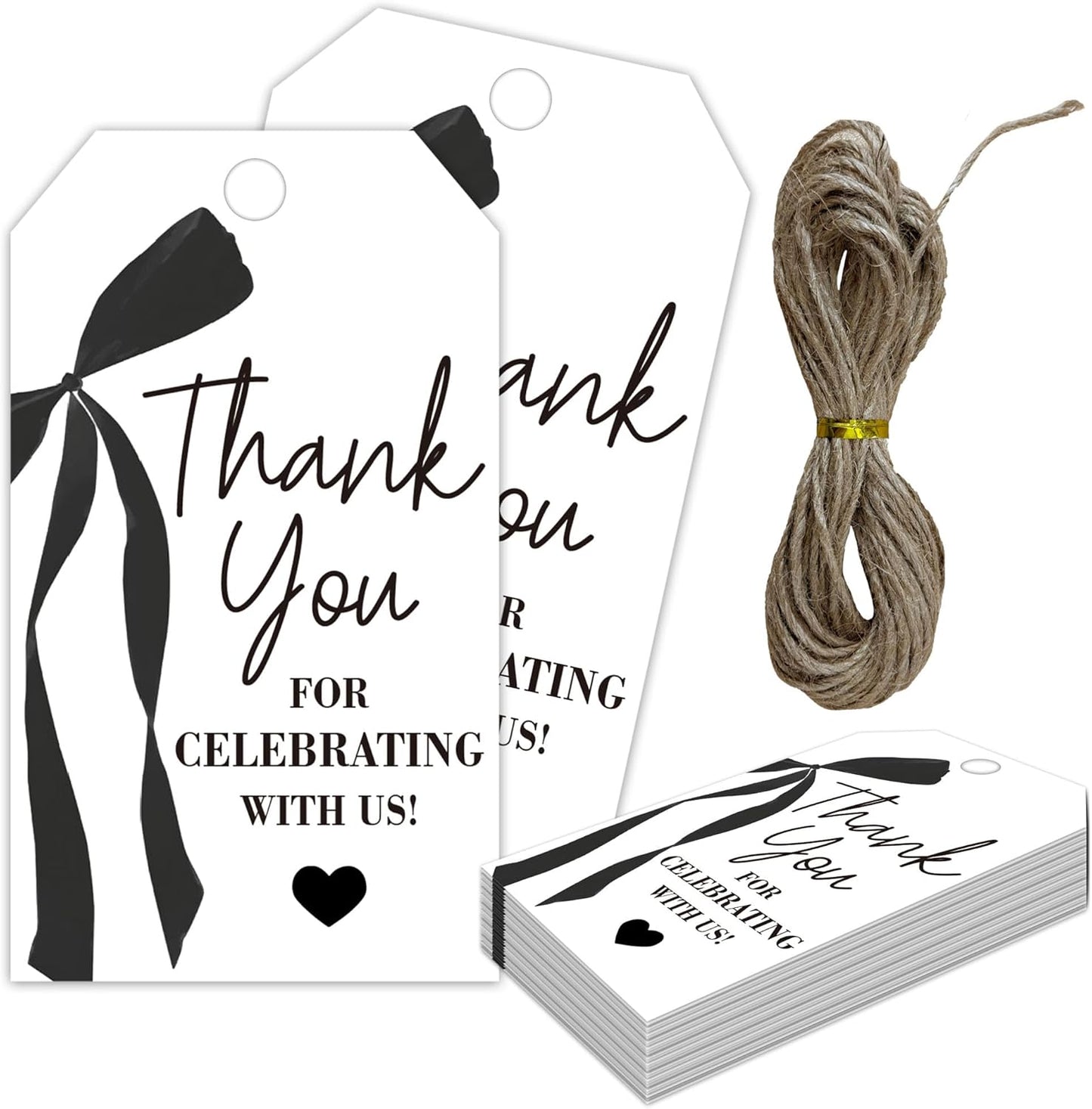 Thank You Gift Tags with String, 2x3.5 Inch Thank You for Celebrating with Us Tag, Black Bow Print, Gift Label for Birthday Party Baby Bridal Shower Wedding Favor-A15