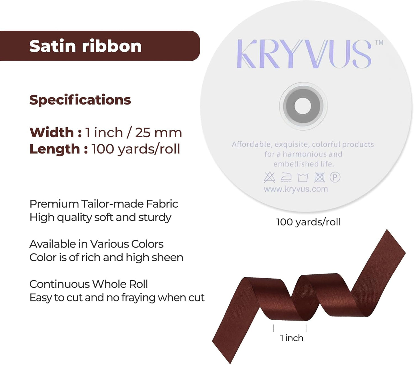 Coffee Brown Satin Ribbon 1 inch X Continuous 100 Yards, Single Face Polyester Ribbon Perfect for Gift Wrapping, Flower Bouquet, Wedding Decor, Crafts, Bow Making, Sewing and More