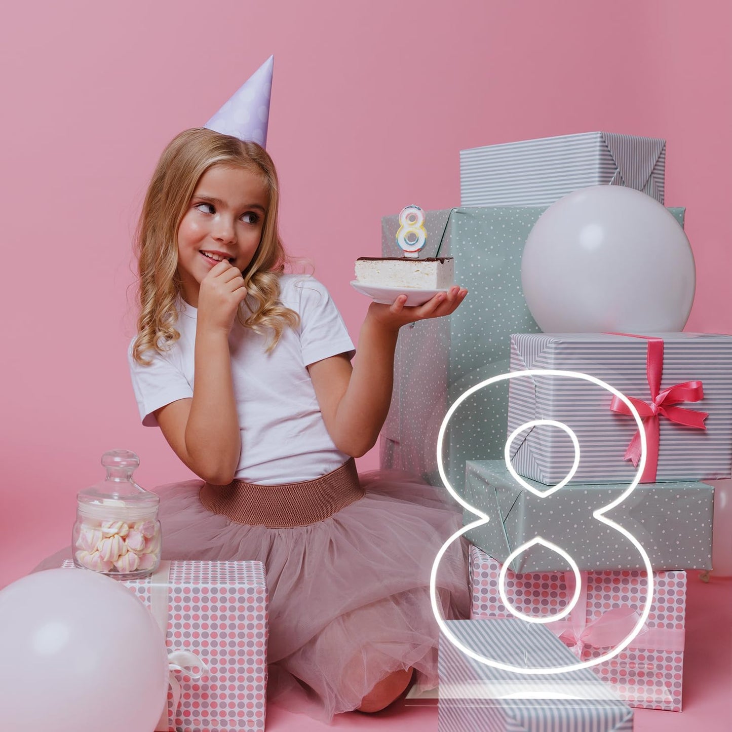 Number 8 Neon Sign for Birthday, 1.38ft Cool White USB Battery Powered Led Neon Sign for Party Wedding Anniversary Decor Light Sign (Number 8)