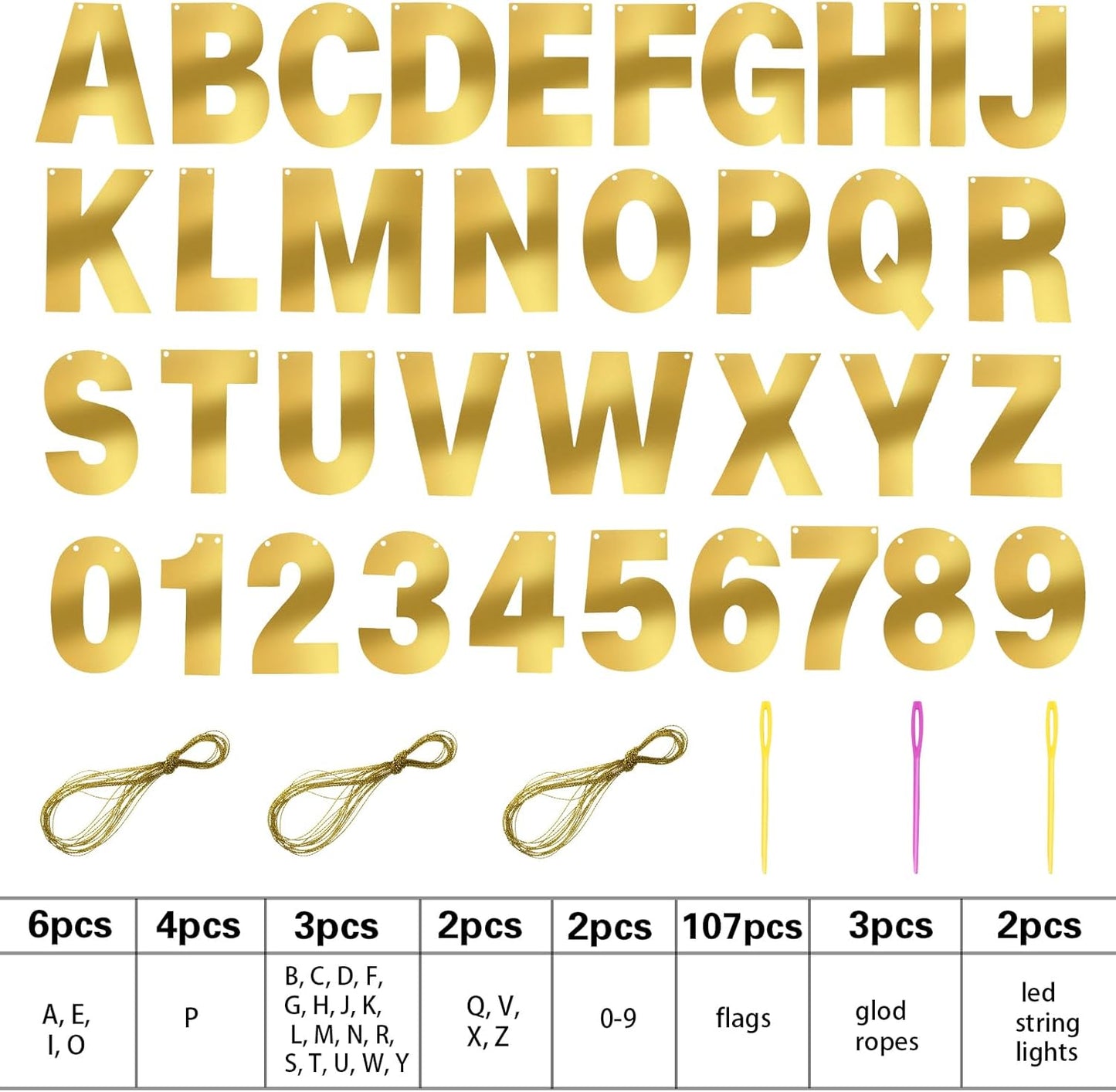 TaoBary 112 Pcs DIY Letter Kit Glitter Customizable Banner Letters Include 107 Letters and Numbers 3 Rope and 2 Needles for Birthday Halloween Christmas Wedding Valentine Party Decor(Bright Gold)