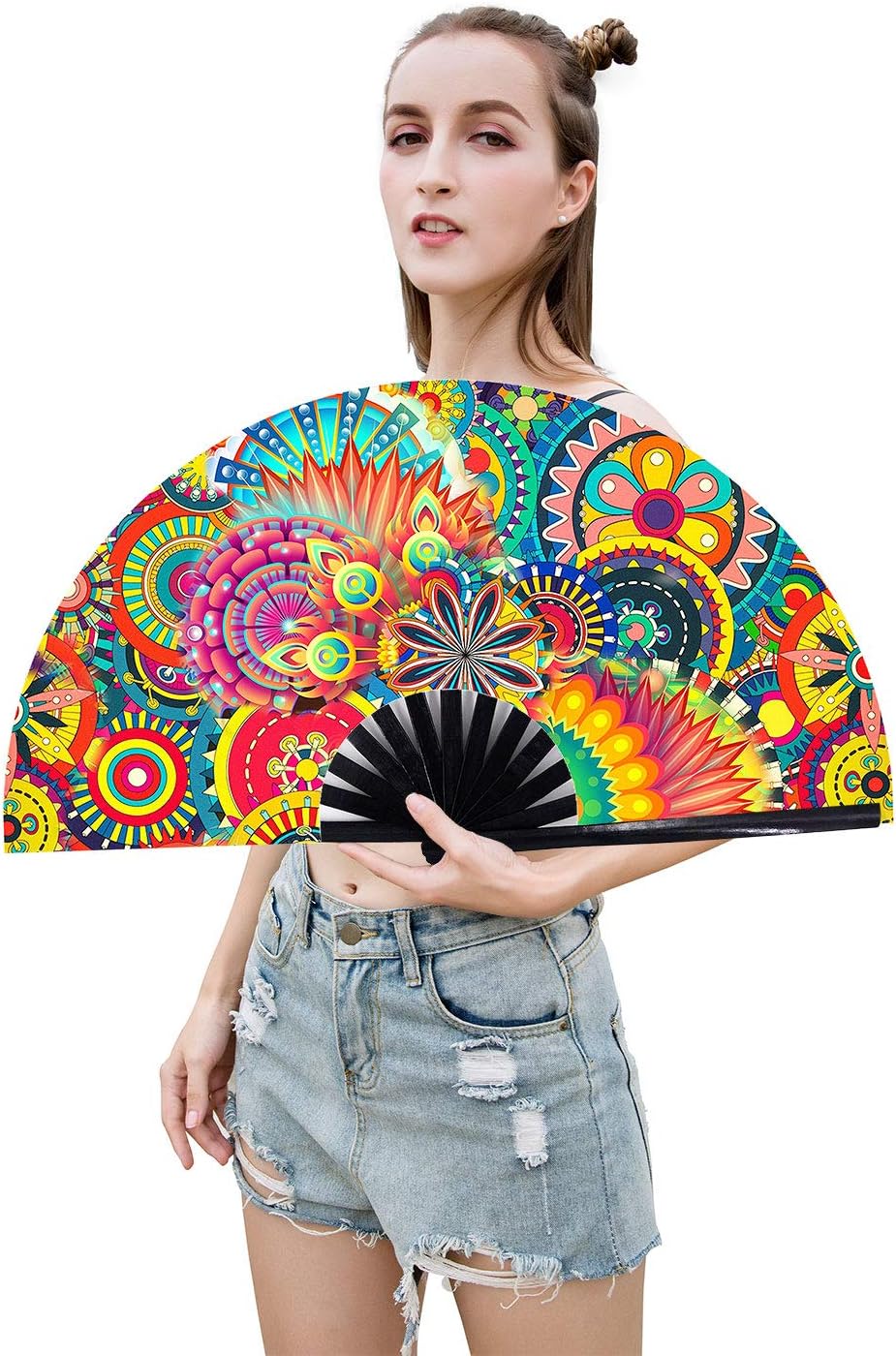 Amajiji Large Folding Hand Rave Fan Popping Fan for Line Dancing Clacking Fans for Boots On The Ground Dance,Party,Decoration,Festival (Dream Ｆlower)