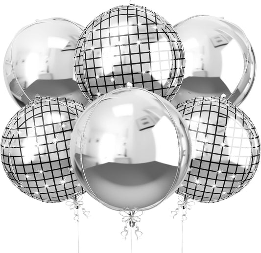 6Pcs 22 Inch Silver Balloons, Disco Ball Balloons with Silver Round Foil Balloon, 70s 80s 90s Theme Large Metallic Disco Balloon for Dance Bachelorette Graduation Birthday Party Supplies