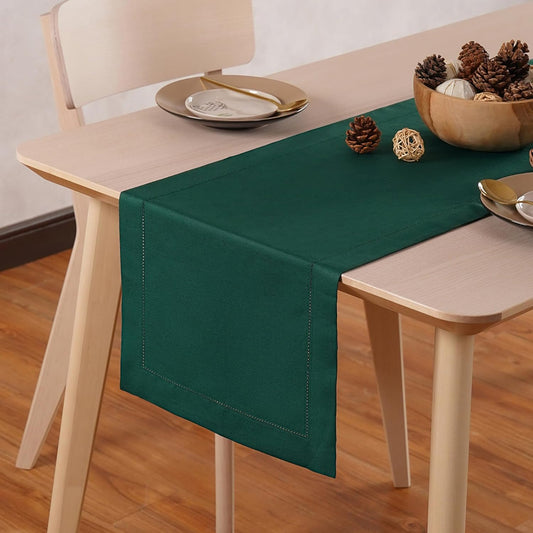 Green Table Runner 36 Inch – Cotton Linen Hemstitch Farmhouse Table Runner 14x36 – Washable Fabric for Dining Table, Spring, Summer, Christmas, Wedding, Everyday Décor – Serena