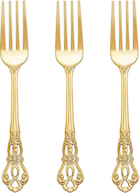 150PCS Gold Plastic Forks - 8.1inch Gold Forks Disposable - Vintage Heavy Duty Dessert Forks - Premium Fancy Plastic Silverware for Parties, Weddings, Dinners and Events