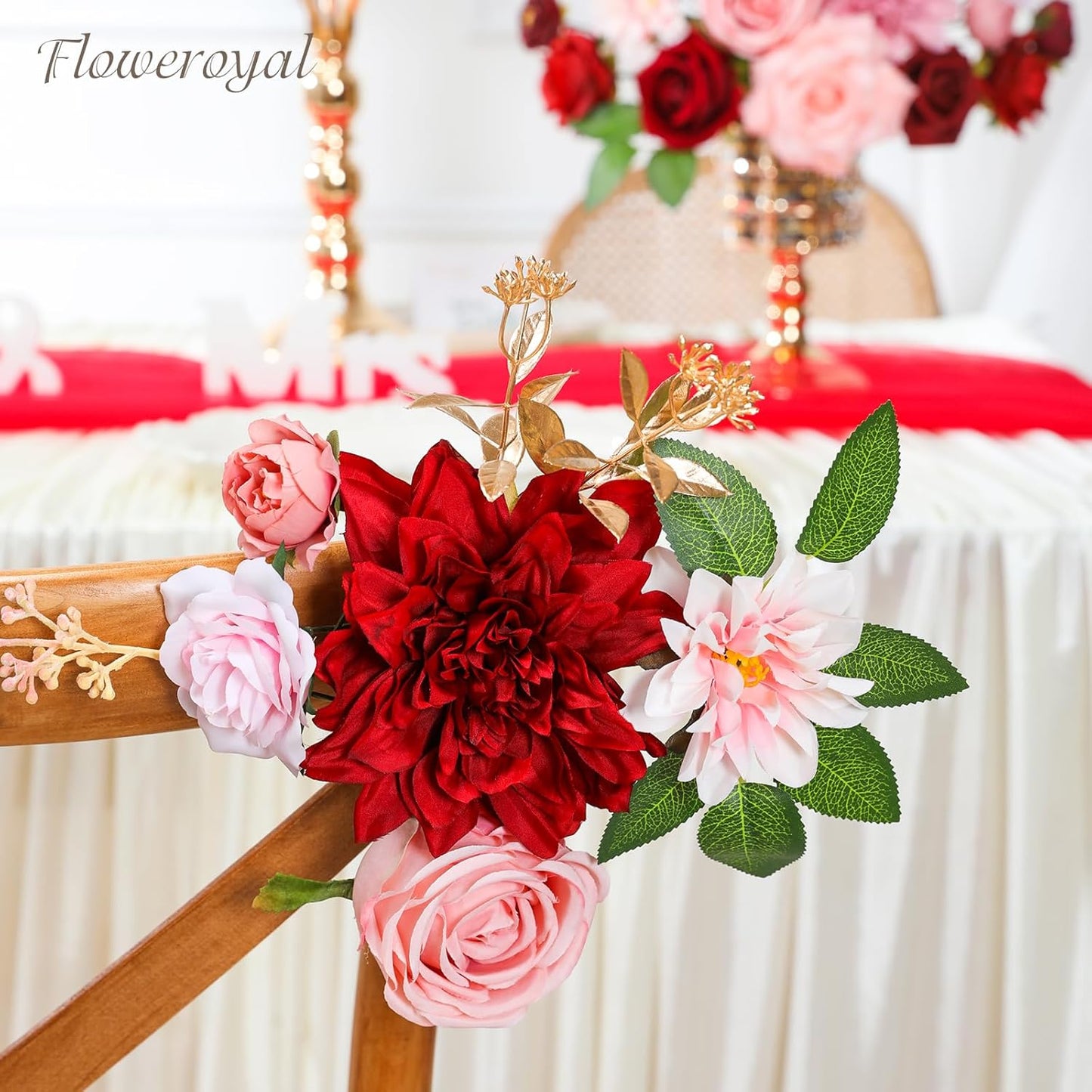 Floweroyal Artificial Flowers Combo Red Flowers Mix Silk Flowers Dahlia Roses with Stems for DIY Wedding Bridal Bouquets, Baby Shower, Floral Arrangement, Table Centerpieces, Home Decorations.