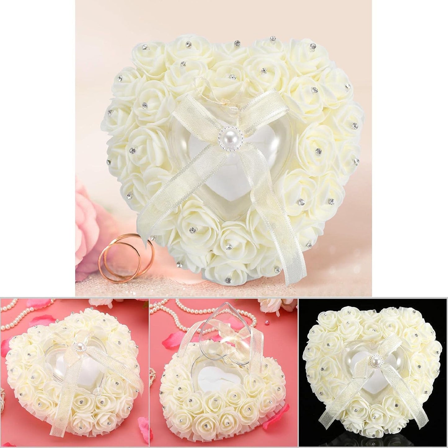 Hilitand Wedding Cushion Pillow Romantic Heart Shaped Wedding Box Rose Rhinestone Decorative Jewellery Boxes(Milky White)
