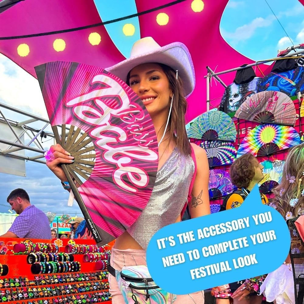 Kandies World UV Reactive Custom Festival Folding Hand Fan - Unique Designs, Made of Bamboo, Clacking Sound, Lightweight - Perfect Rave and Festival Accessory!