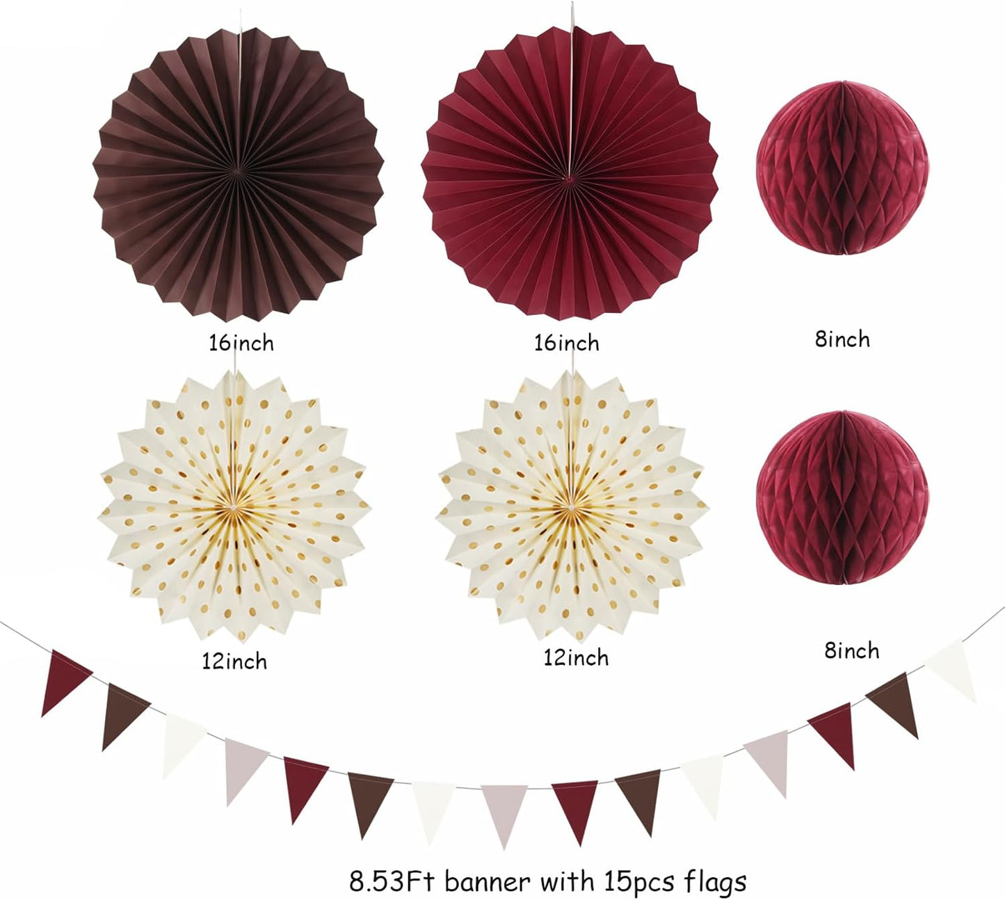 Burgundy Brown Beige Boho Party-Decorations - 20pcs Dusty Pink Fall Birthday Paper Lanterns Fans,Tissue Pom Poms,Honeycomb Balls,Autumn Wedding Bridal Shower Rustic Neutral Baby Decor Burgleda
