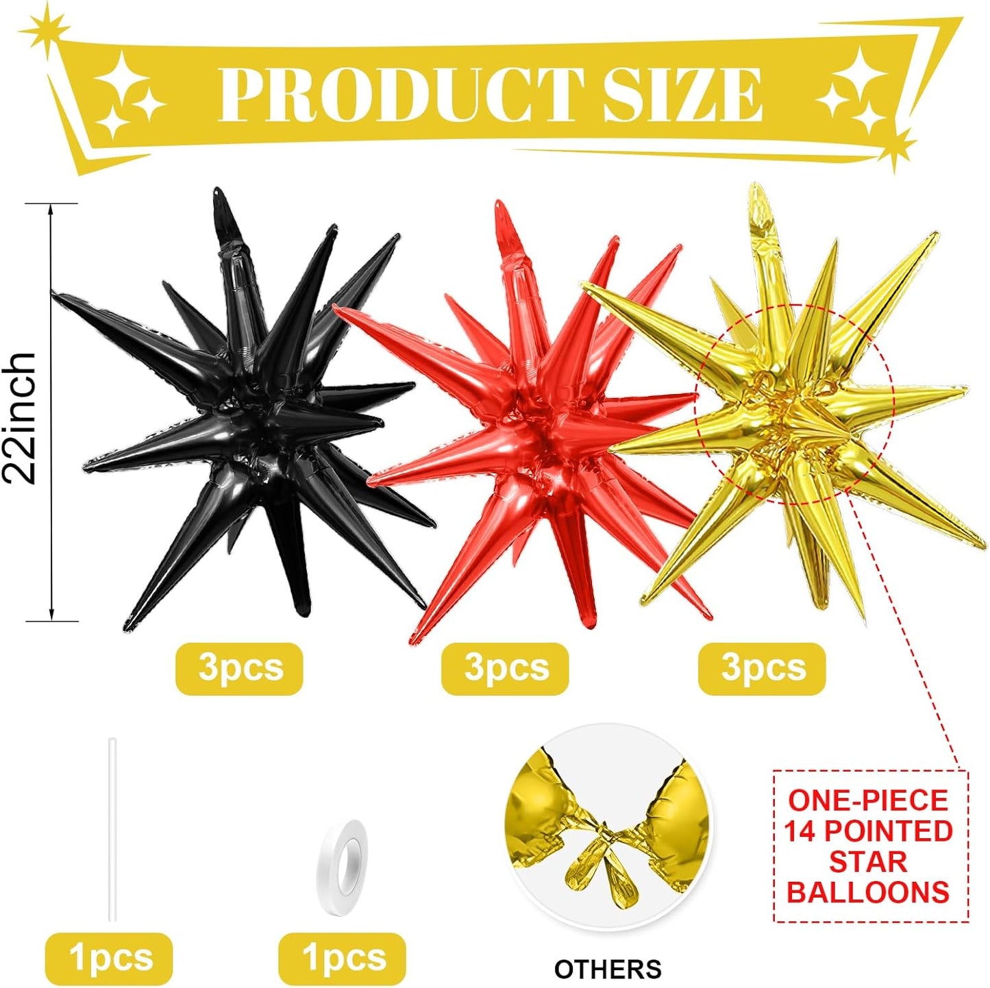 Black Red Gold Star Balloons,9Pcs 22Inch Black Gold Red Explosion Spike Cone Helium Polyester Film Star Foil Balloons for Birthday Anniversary Baby Shower New Year Disco Party Decorations