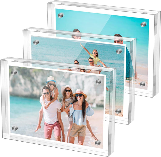 Small 2.5×3.5 Inches Acrylic Picture Frame(3 Pack)，Clear Magnetic Picture Frame for Wedding，Double Sided Frameless Photo Frame for Desktop Free Standing,Display Stand Picture mini Frame
