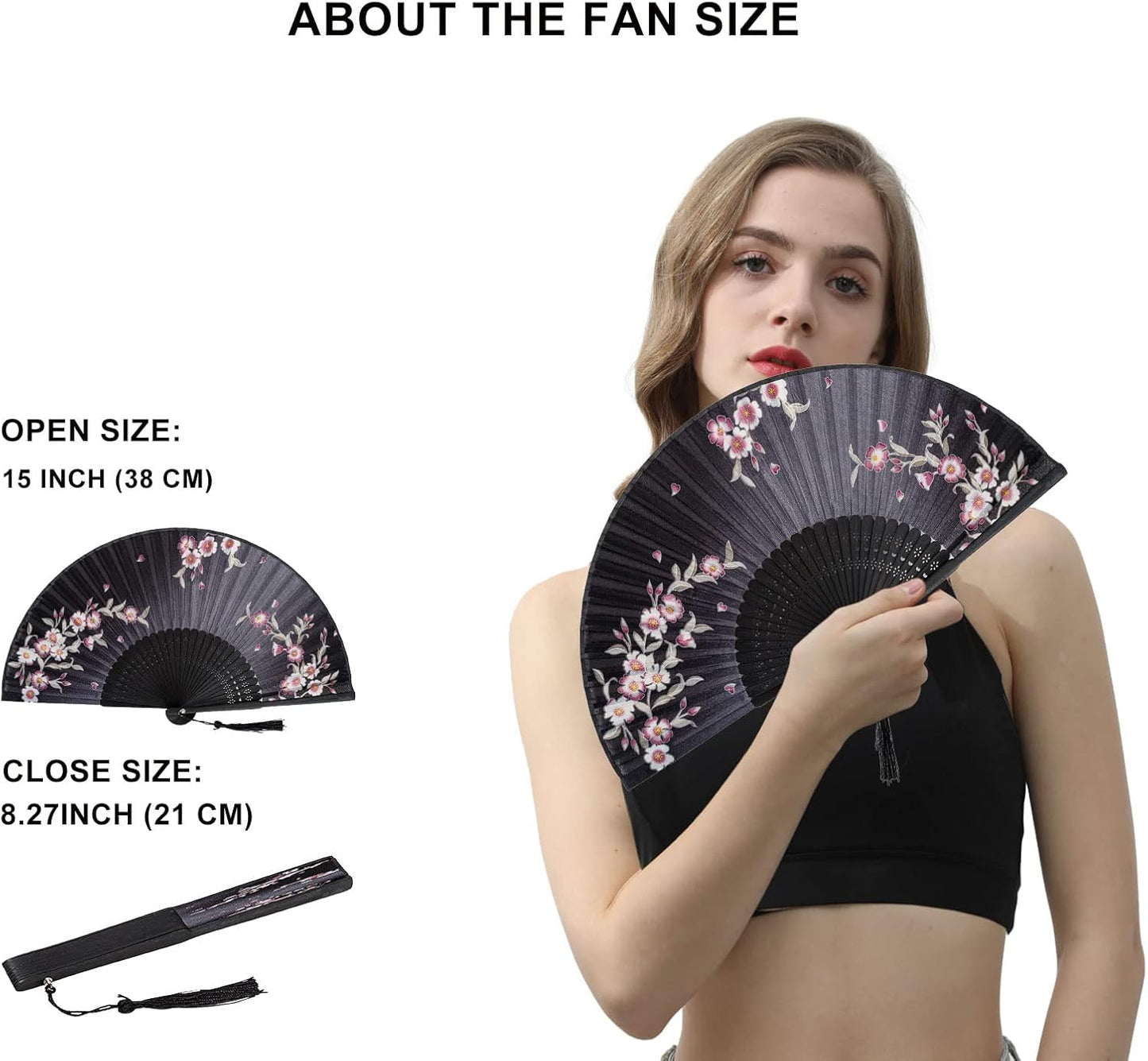 Amajiji 8.27"(21cm) Hand Held Bamboo Silk Folding Fan Hand Fan,Chinese/Japanese Charming Elegant Vintage Retro Style,Women Ladys Girls Best Gifts (Black Redbud)