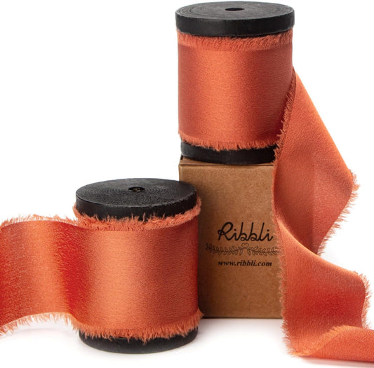 Ribbli Terracotta Silk Satin Ribbon - 1.5 Inch x 12 Yard Handmade Frayed Chiffon Burnt Orange for Gift Wrapping, Wedding Invitations, Bridal Bouquets & Home Decor
