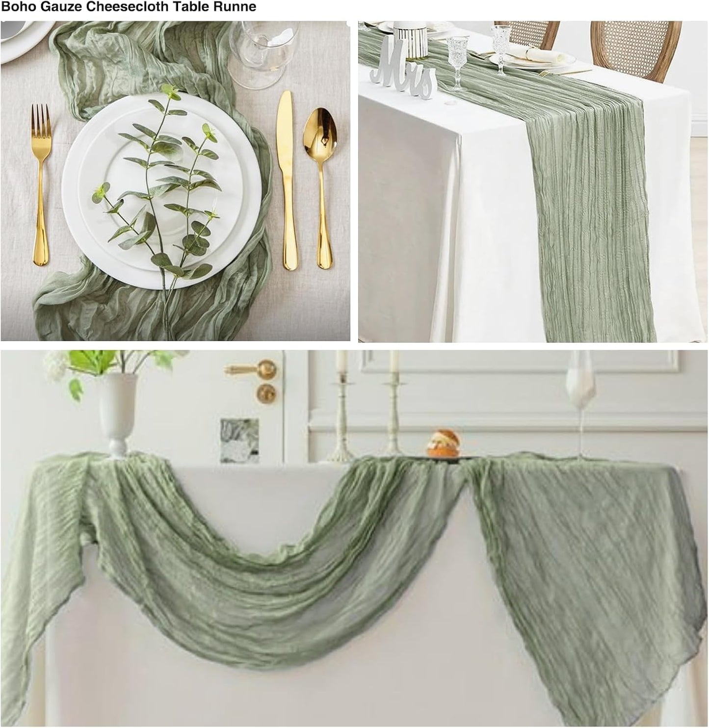 6 Pack Sage Green Cheesecloth Table Runner 20x120 Inch Boho Wrinkled Sheer Romantic Gauze Decor for Wedding, Bridal Shower, Birthday Party