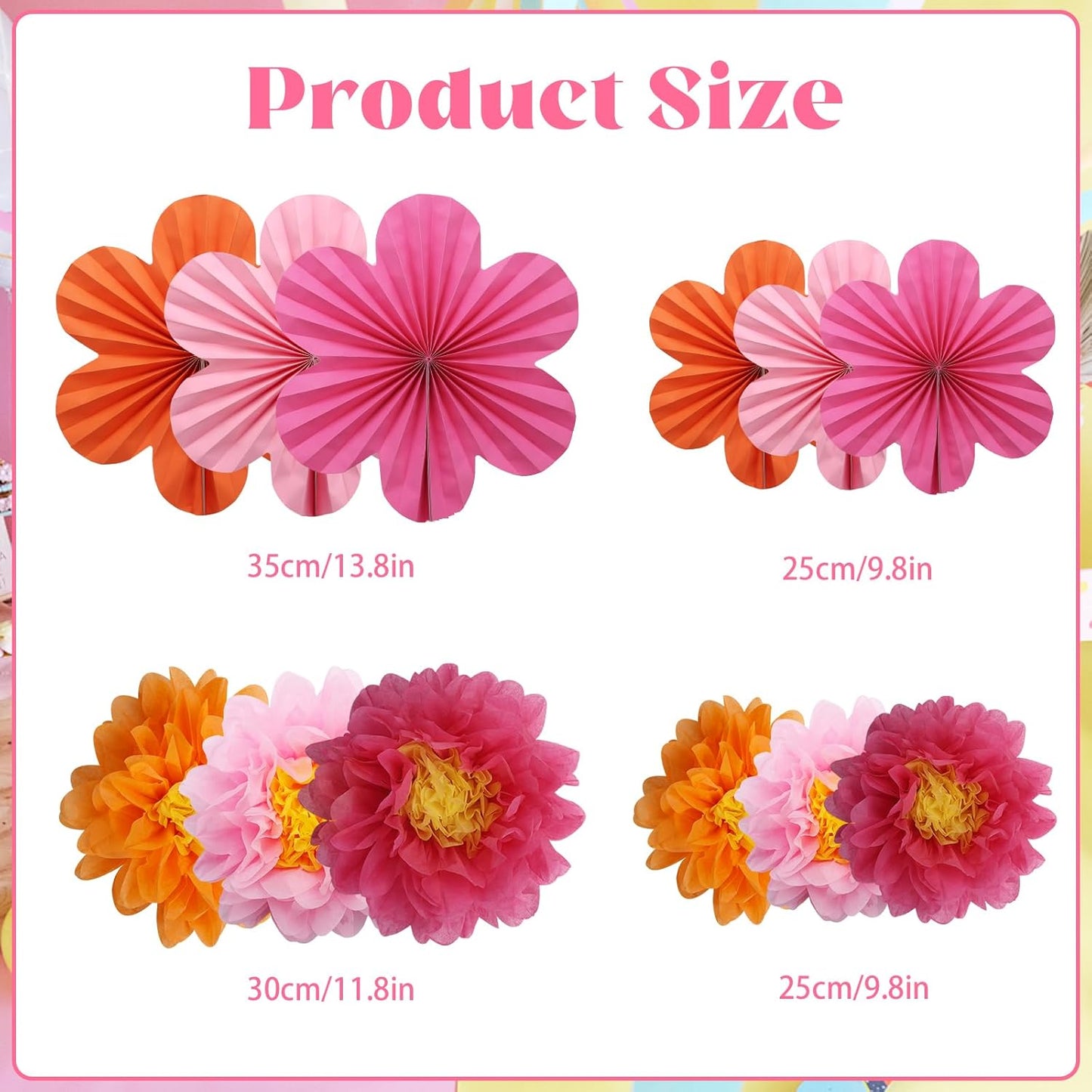 12PCS Paper Flowers Fans Orange and Hot Pink Party Decorations Tissue Paper Flowers Decorations for Girl Groovy Birthday Baby Shower Wedding Bachelorette Room Wall Hanging Décor