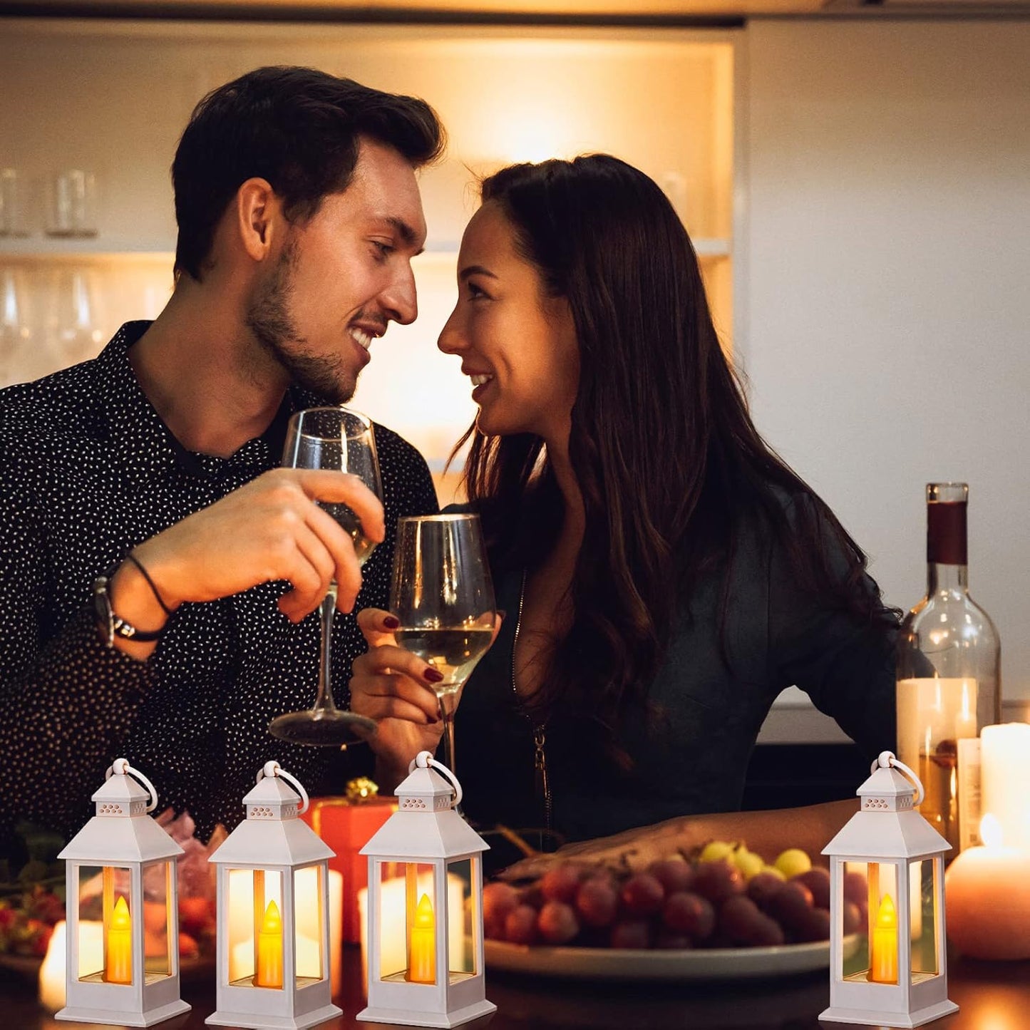 Hoolerry 24 Set Halloween Mini Lanterns with LED Candles 5.5'' Decorative Hanging Small Vintage Lantern Centerpiece Battery Powered for Wedding Table(White)