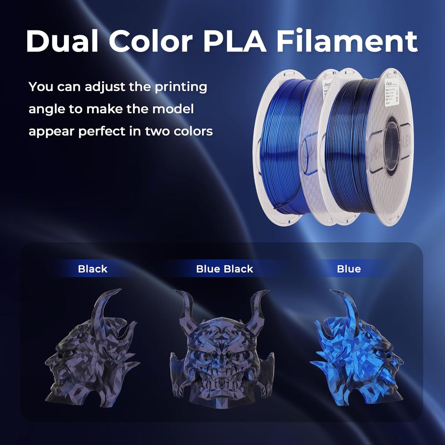 AMOLEN Silk PLA 3D Printer Filament, Dual Color Black Blue PLA 1.75mm, Shiny Color Change Filament 3D Printing PLA Filament for Most FDM 3D Printer, 1kg Spool(2.2lbs)