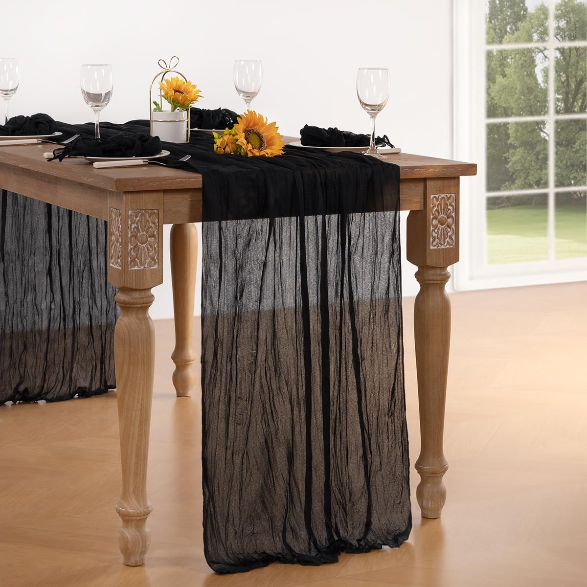 Black Halloween Table Runner 6 Pack Black Cheesecloth Table Runners 120 Inches Boho Gauze Fall Table Decorations for Halloween Wedding Bridal Baby Shower Party Decor