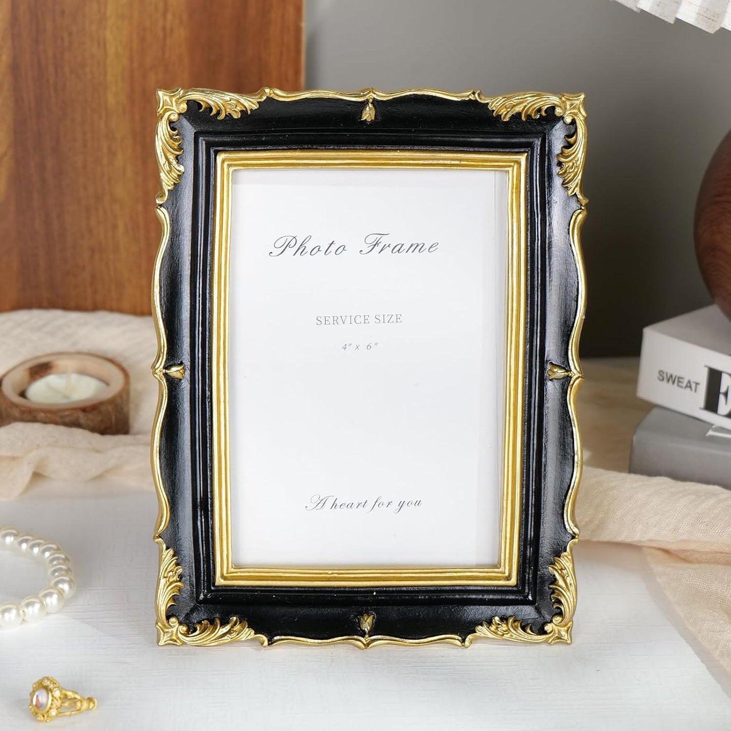 Cuspin 4x6 Picture Frame Black and Gold Vintage Frame, Ornate Textured Hand-Crafted Resin Photo Frame with Glass Front, 4x6 Black Antique Decorative Frames for Wall & Tabletop Home Decor