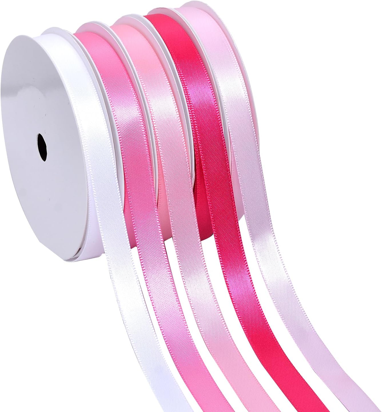 Ribest Pink Double Faced Satin Ribbon Set, 3/8 Inch White, Light Pink, Pink, Hot Pink, Fuchsia Ribbons for Valentine's Day Gift Wrapping Crafts Wedding Baby Shower, 5 Rolls × 10 Yards Total 50 Yards