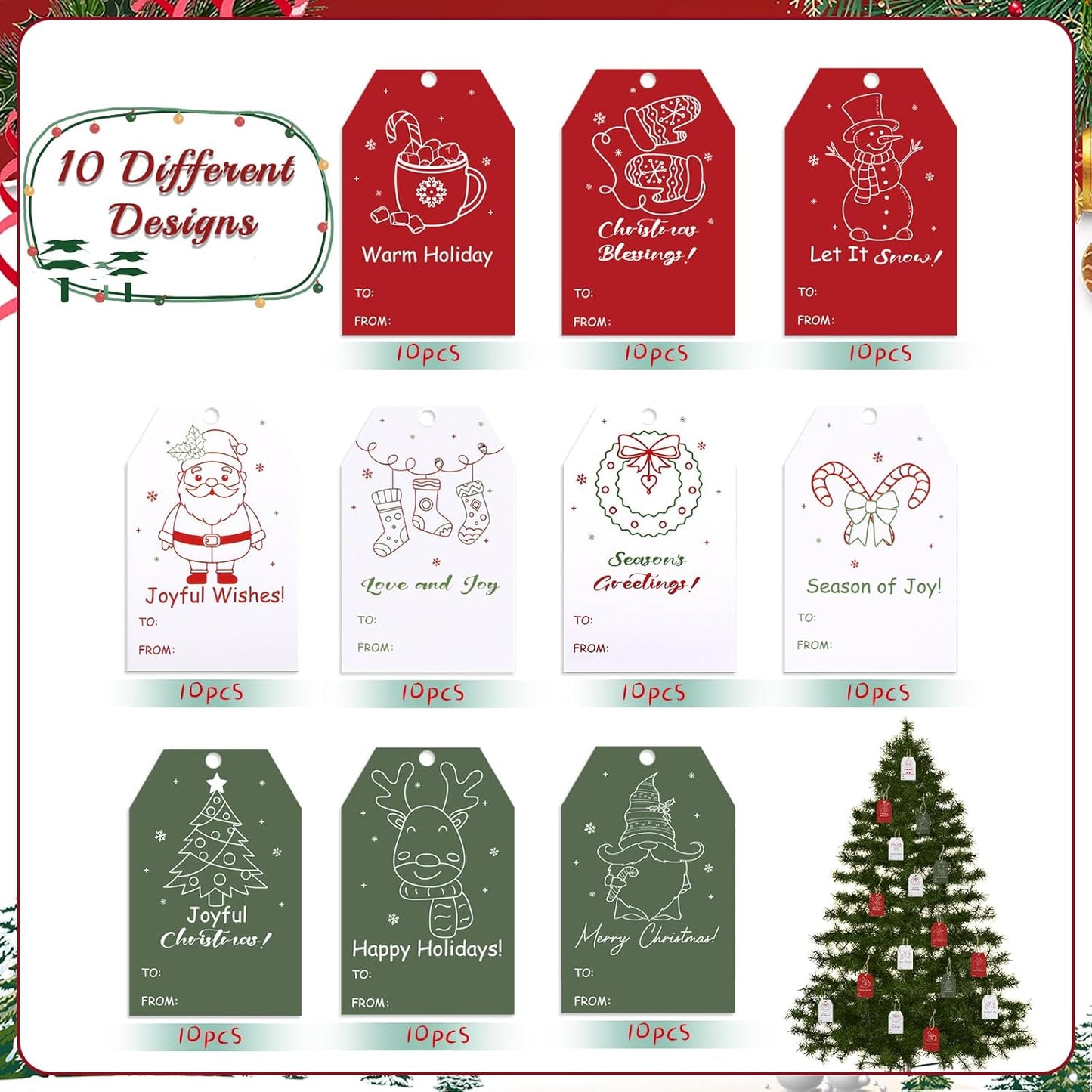 100PCS Christmas Gift Tags 10 Styles Merry Christmas Gift Tags with String Modern Kraft Name Tag for Present Wrapping Xmas Holiday Festive Party Favors