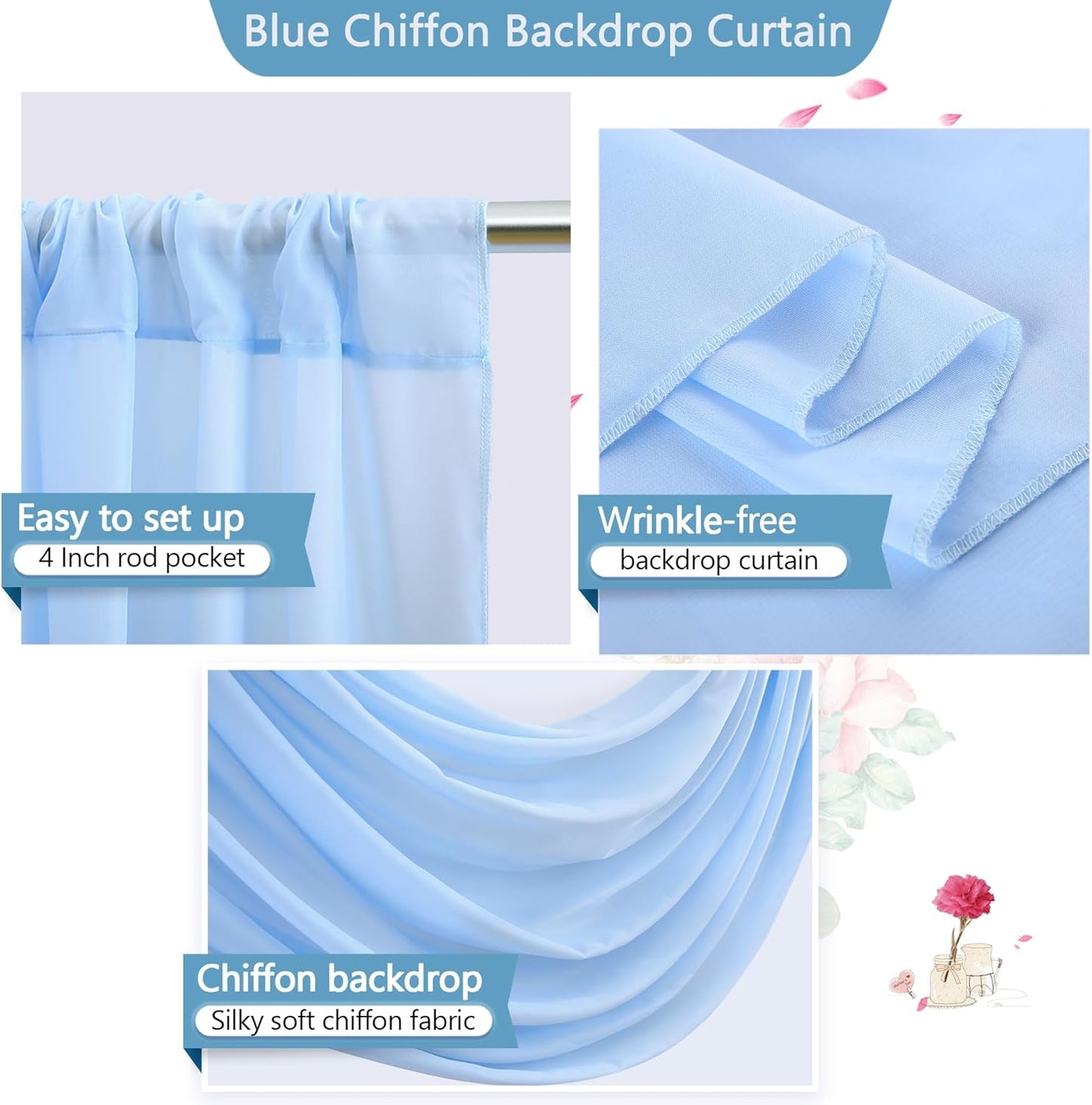PARTISKY 10ftx10ft Blue Chiffon Sheer Backdrop Curtains, Wrinkle-Free Wedding Backdrop Drapes for Birthday Party Ceremony Arch Stage Decor Background for Photography 5ft x 10ft,2 Panels
