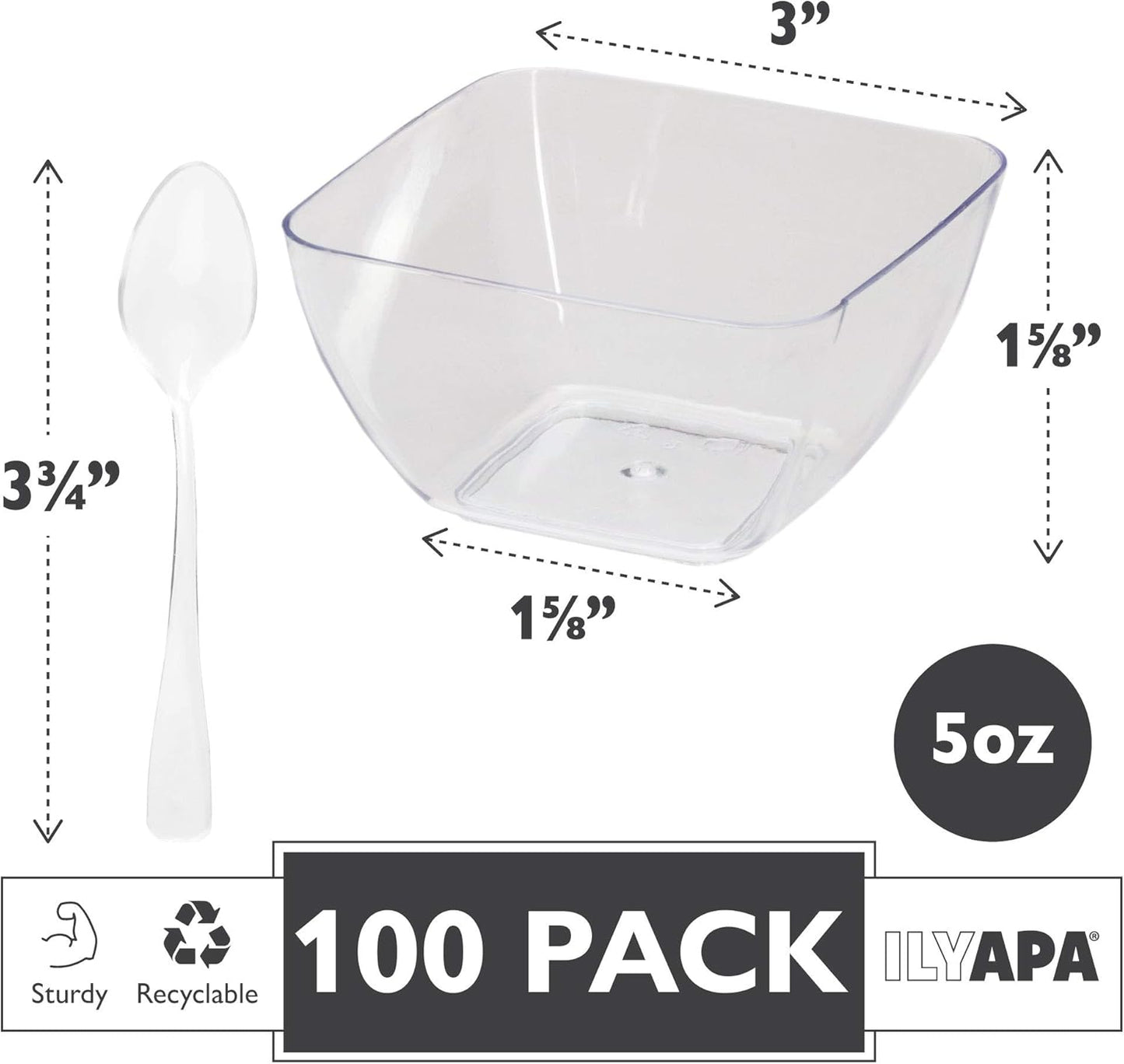 Ilyapa 5oz Plastic Dessert Cups - 100 Pack Mini Dessert Cups with Spoons - Clear Reusable Small Appetizer Cup for Cheesecake Shooters, Chocolate Mousse, Parfait - Party and Catering Supplies - Square