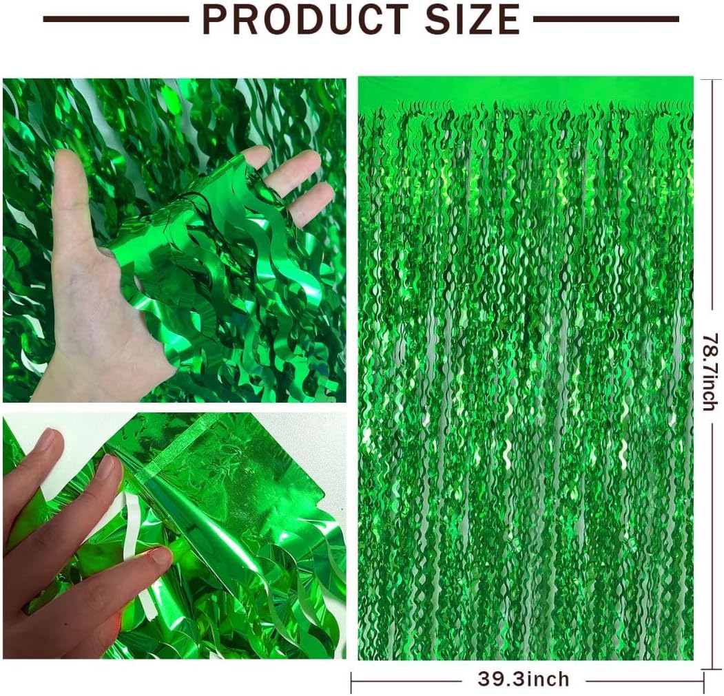 Green Streamers Foil Fringe Backdrop Curtains Photo Booth Props Tinsel Backdrop for Birthday Dinosaur Animal St Patrick's Day Jungle Theme Forest Football Christmas Party Decorations
