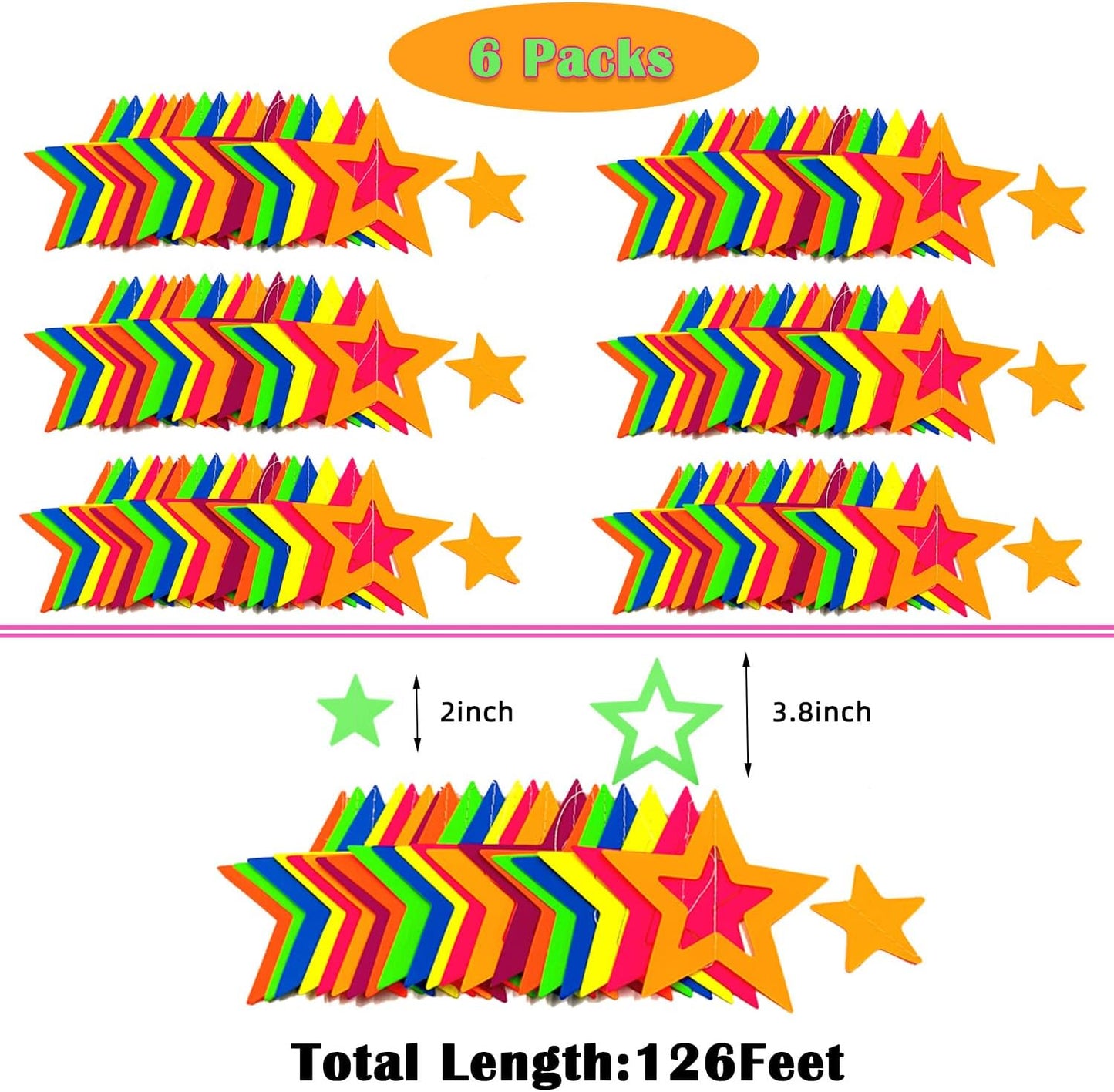 126feet UV Paper Garland Hollowed Star Neon Streamers Black Light Decorations Glow Party UV Reactive Party Favors Glow in The Dark Supplies and Decorations Wedding Birthday Banner