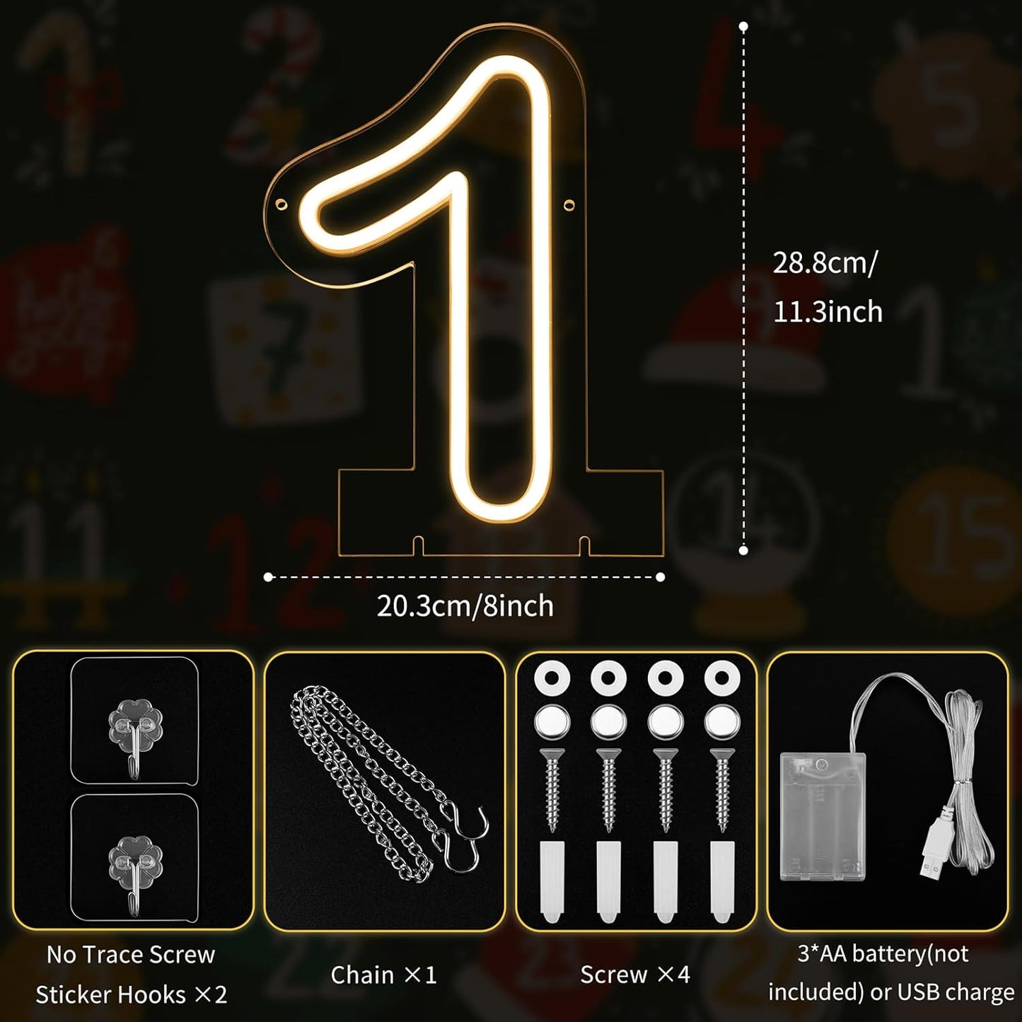 Number 1 LED Neon Sign Backdrop Birthday Party Decoration, 11.3" Height Warm White Marquee Number Light Up Sign for Wedding Anniversary Window Wall Table, Indoor Battery Operated or USB