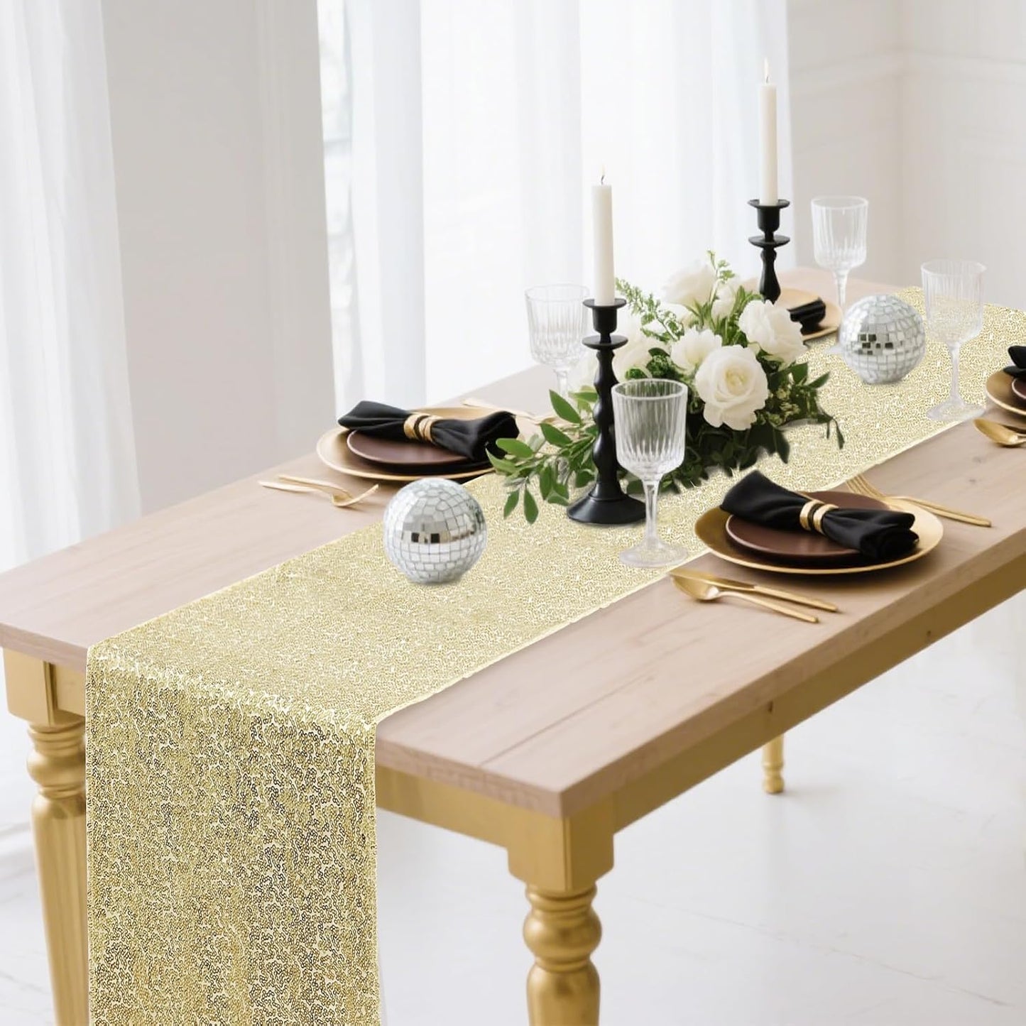 6 Packs 12 x 72 inches Sequin Table Runner, Champagne Glitter Table Runner for Birthday Party Supplies Wedding Engagement Baby Shower Holiday Celebration Event Decorations