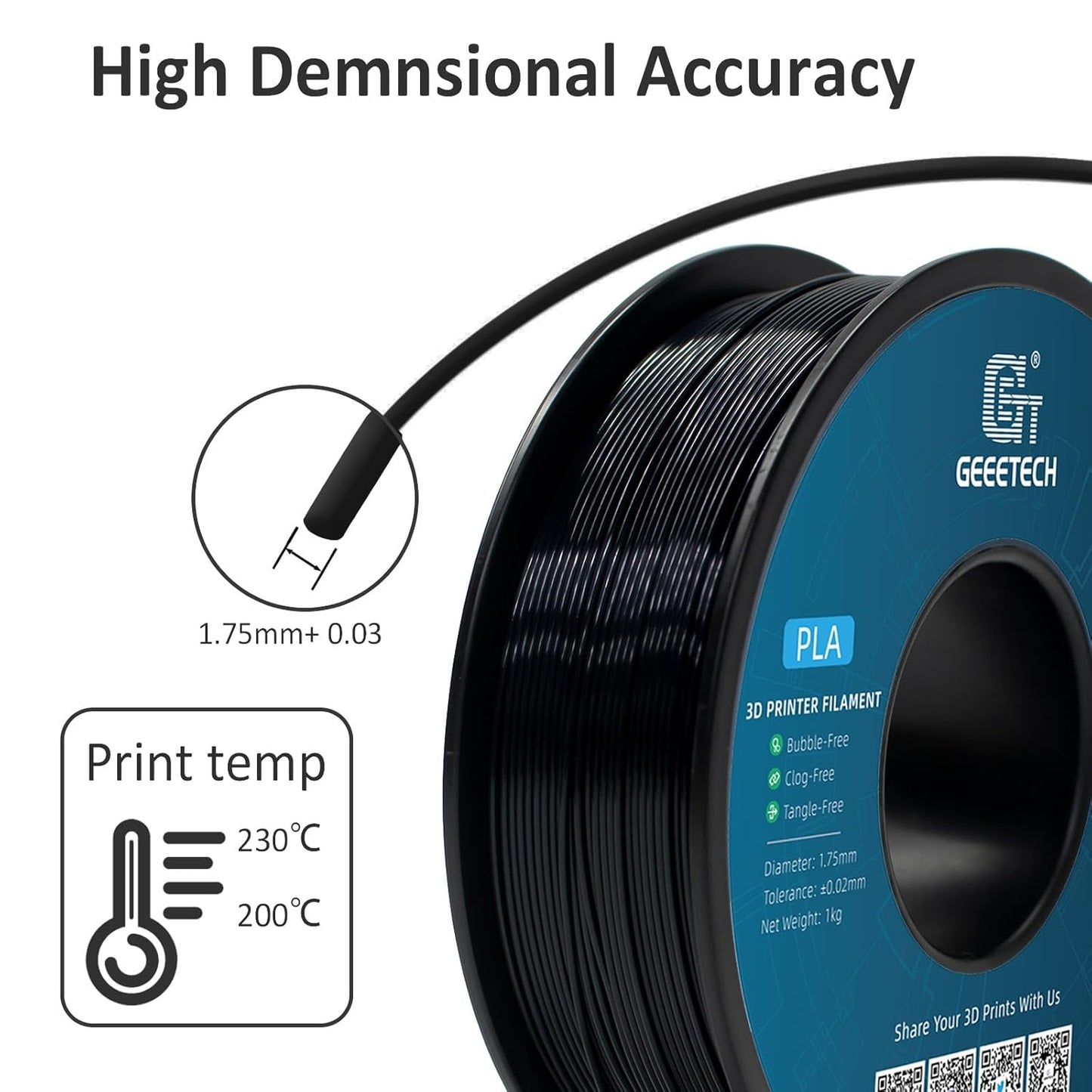 Geeetech Silk PLA Filament 1.75mm for 3D Printer, Metal-Like Shiny 3D Filament 1kg (2.2lbs) 1 Spool, Dimensional Accuracy +/- 0.02 mm, Silk Black