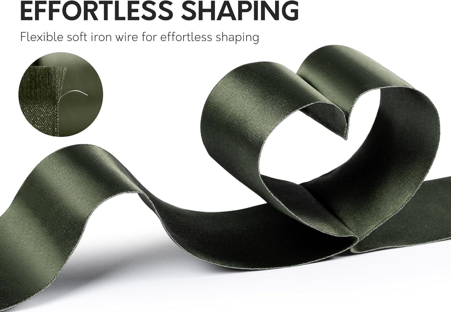 Moss Green Satin Ribbon Double-Faced Wired Ribbons for Gift Wrapping Flower Bouquet Bows Wedding Invitation Christmas Decor Crafts 2-1/2 Inch 10 Yards