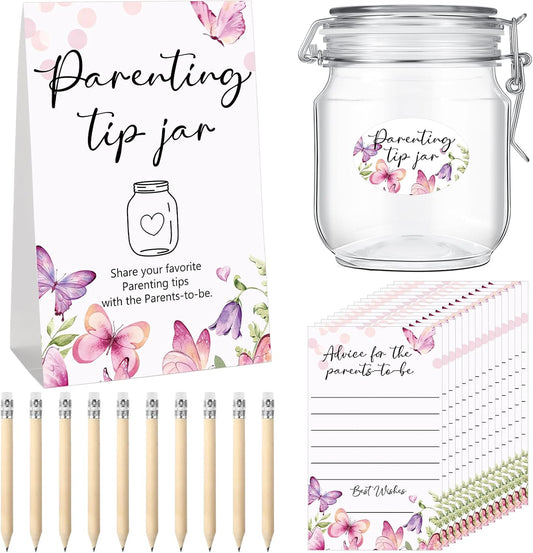 Roowest Baby Shower to Baby Advice Cards for New Parents to Be - Tip Jar Sign for New Parents 60 Parenting Advice Cards 10 HB Pencils 2 Cute Stickers 1 Pet Bottle for Guests Games(Butterfly)