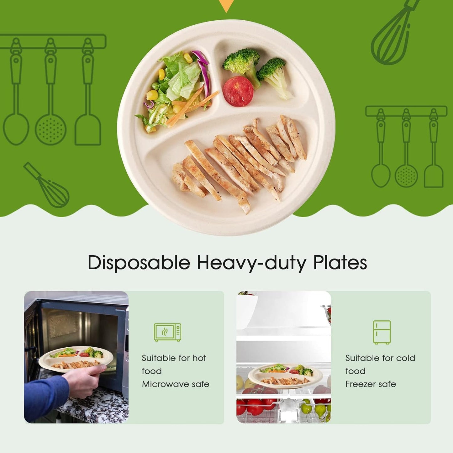 ECOLipak 125 Pack 3 Compartment Plates Disposable, 10 inch Heavy-Duty Compostable Paper Plates Made of Eco-Friendly Sugar Cane Fibers