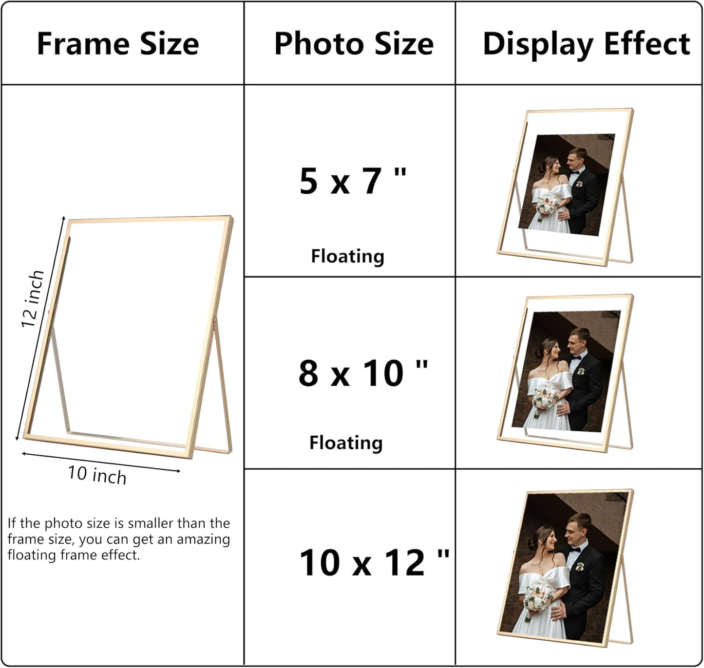Gold 10x12'' Floating Frame Set of 2,For Photo Sizes 5x7'', 7x9'', 810'', 8.5x11'', Metal Frames for Tabletop/Shelf Display,Classy Gift Choice for Wedding,Birthady,Home or Office Decor