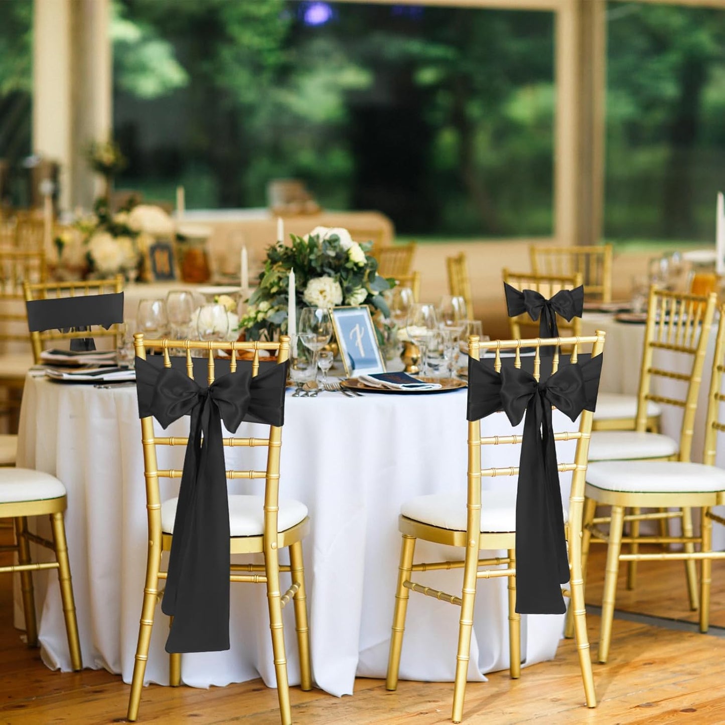 10 PCS Black Satin Chair Sashes Bows Universal Chair Ribbon Ties Back Sash for Wedding Party Reception Events Banquets Hotel Event Chair Cover Decoration (Champagne 7x108 inch)