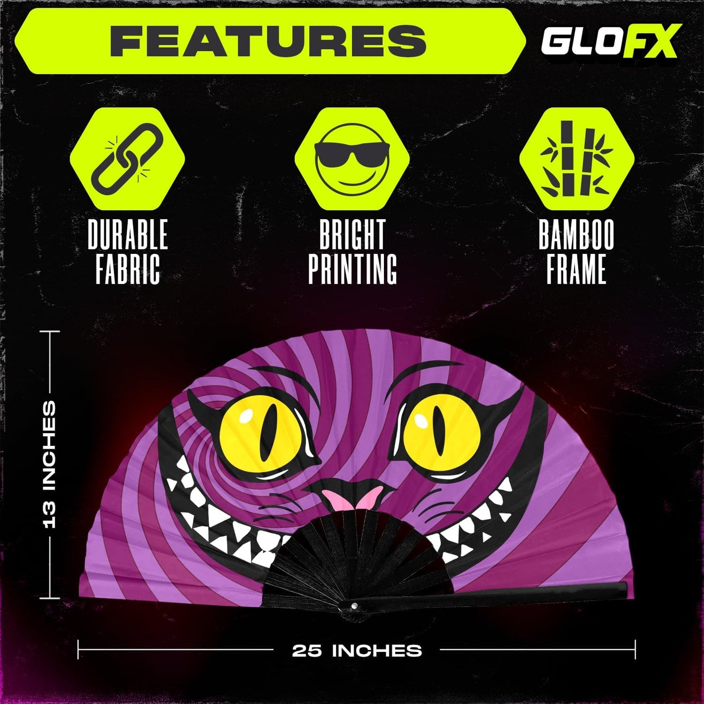 GloFX Large Hand Fan - Alice in Wonderland Cheshire Cat Fan - Bamboo Folding Fans for Rave Accessories and Festival Essentials
