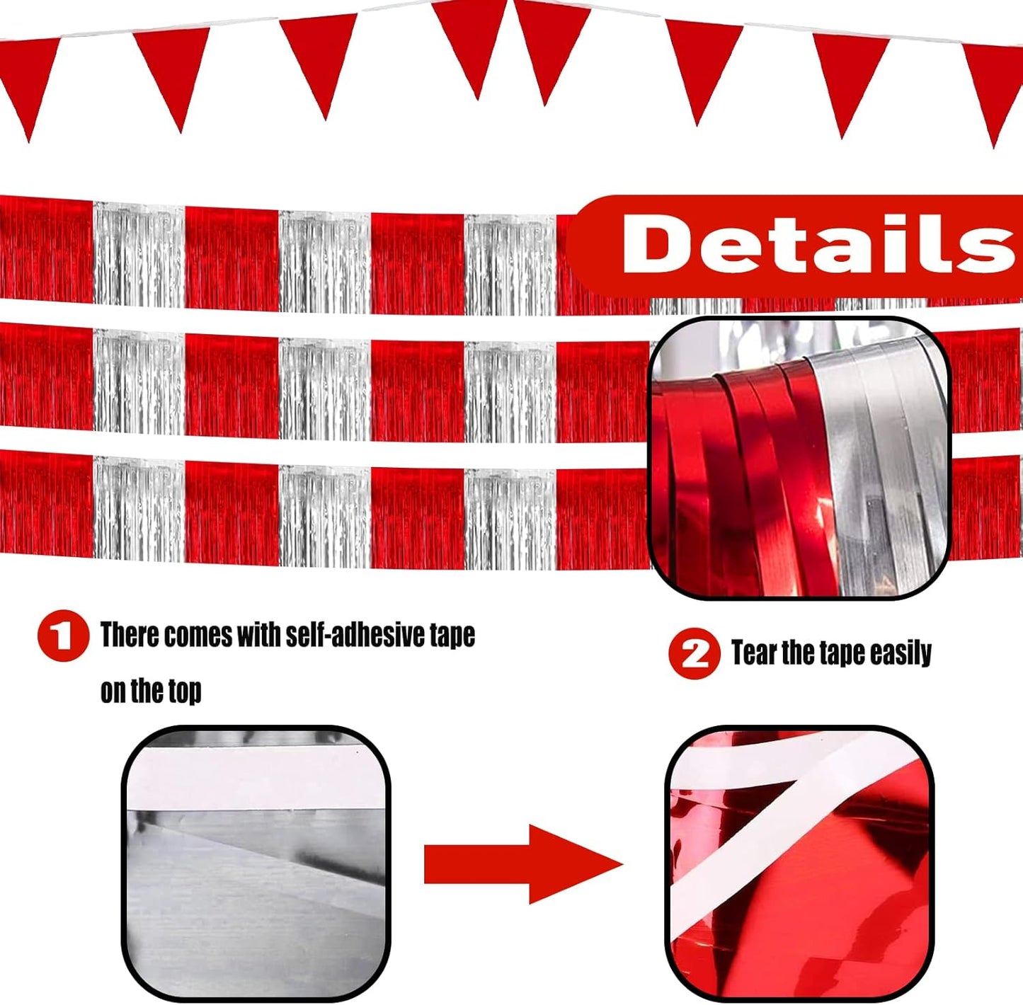 6 Pack 10 Feet Red Silver Foil Fringe Garland Metallic Tinsel Streamers Banner Wall Hanging Curtain Backdrop Banner for Parade Floats, Thanksgiving, Christmas, Birthday, Halloween Party Decorations