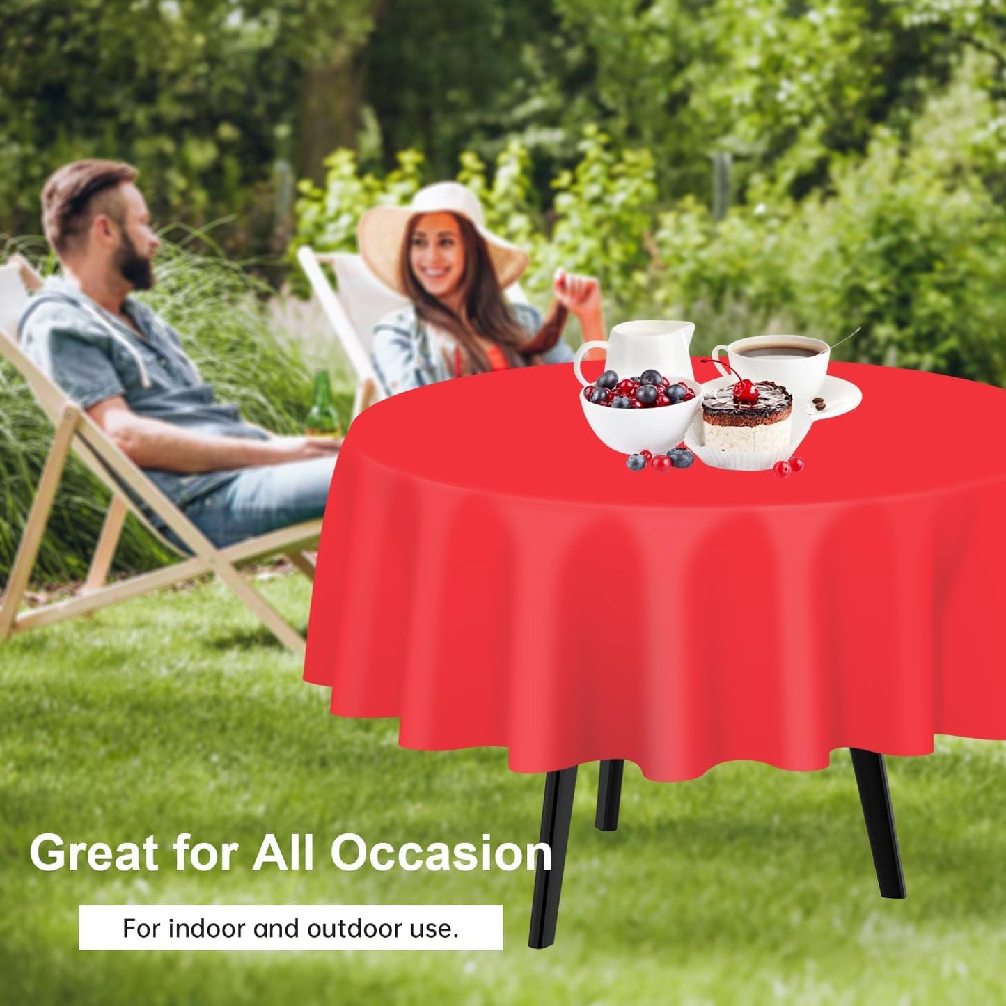 QIKSION Red Round Tablecloth 2 Pack, 84 Inch Plastic Table Cover Disposable for Parties