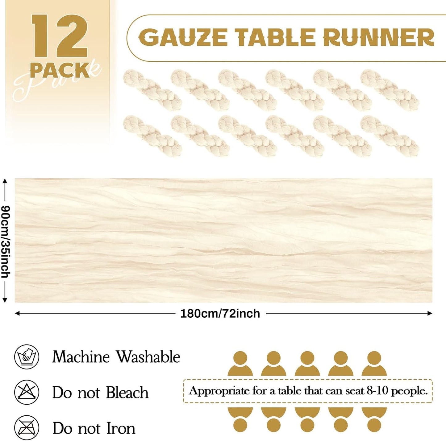 Aktor 12 Pack Ivory Table Runner Boho Cheesecloth Table Runner Semi Sheer Gauze Fabric Runners for Wedding Birthday Baby Shower Party Boho Table Decoration（Ivory）