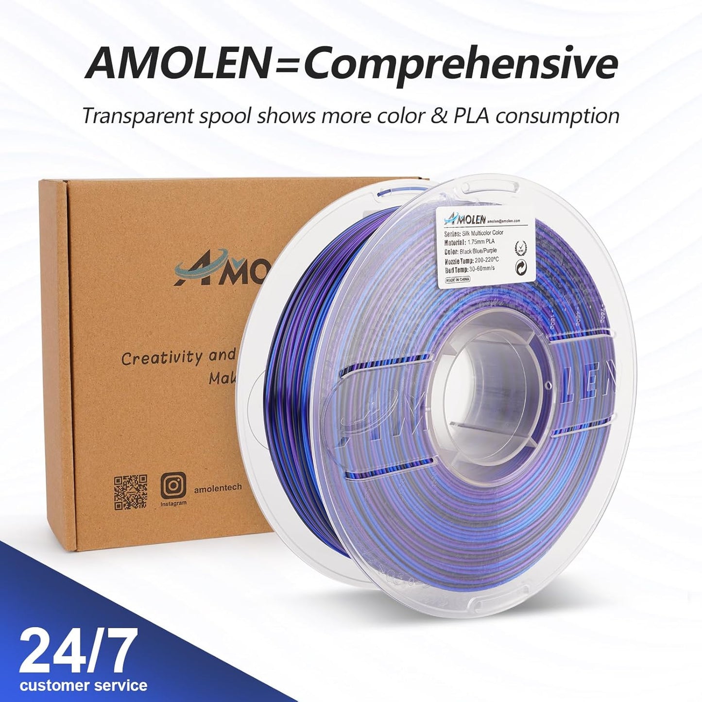 AMOLEN Silk PLA 3D Printer Filament, Shiny Multicolor Rainbow PLA Filament 1.75mm, Fast Color Change PLA 3D Printing Filament for Most FDM 3D Printer, Black Blue Purple, 1kg (2.2lbs)