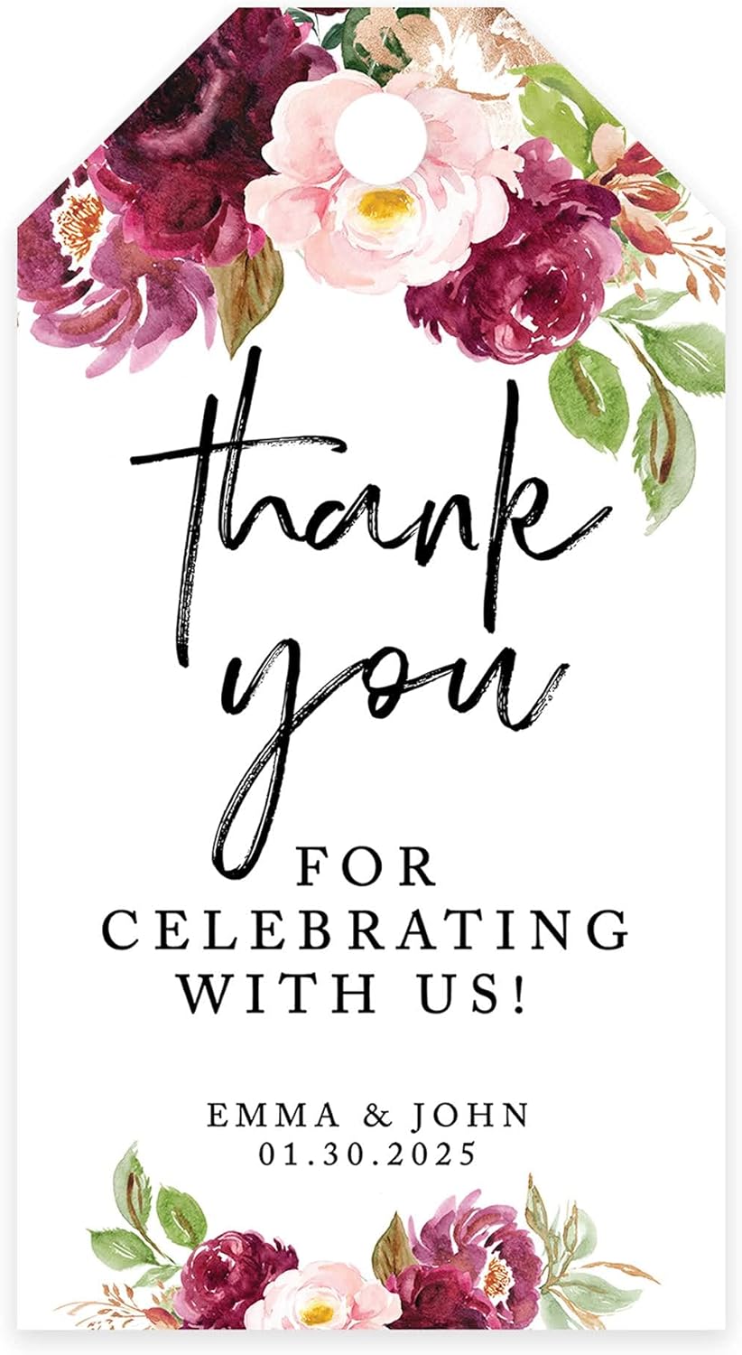 Andaz Press 100-Pack Personalized Thank You for Celebrating with Us Wedding Favor Tags with Bakers Twine Fall Burgundy Marsala Custom Thank You Tags Wedding Gift Tags for Party Favors 2 X 3.75-Inches